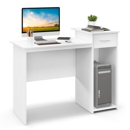 Front. SlickBlue - Laptop PC Desk with Drawer, Adjustable Shelf & Cable Hole, Modern Home Office Desk - White.