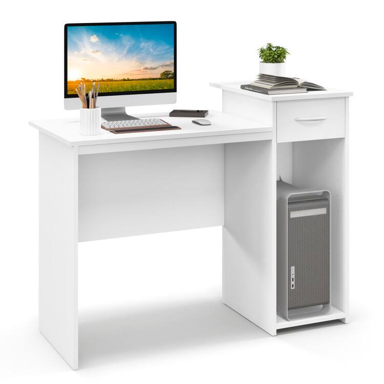 Front. SlickBlue - Laptop PC Desk with Drawer, Adjustable Shelf & Cable Hole, Modern Home Office Desk - White.