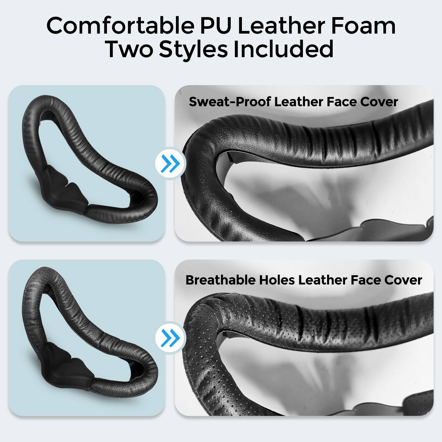 Comfortable PU Leather Foam  
Two Styles Included  

Sweat-Proof Leather Face Cover  

Breathable Holes Leather Face Cover