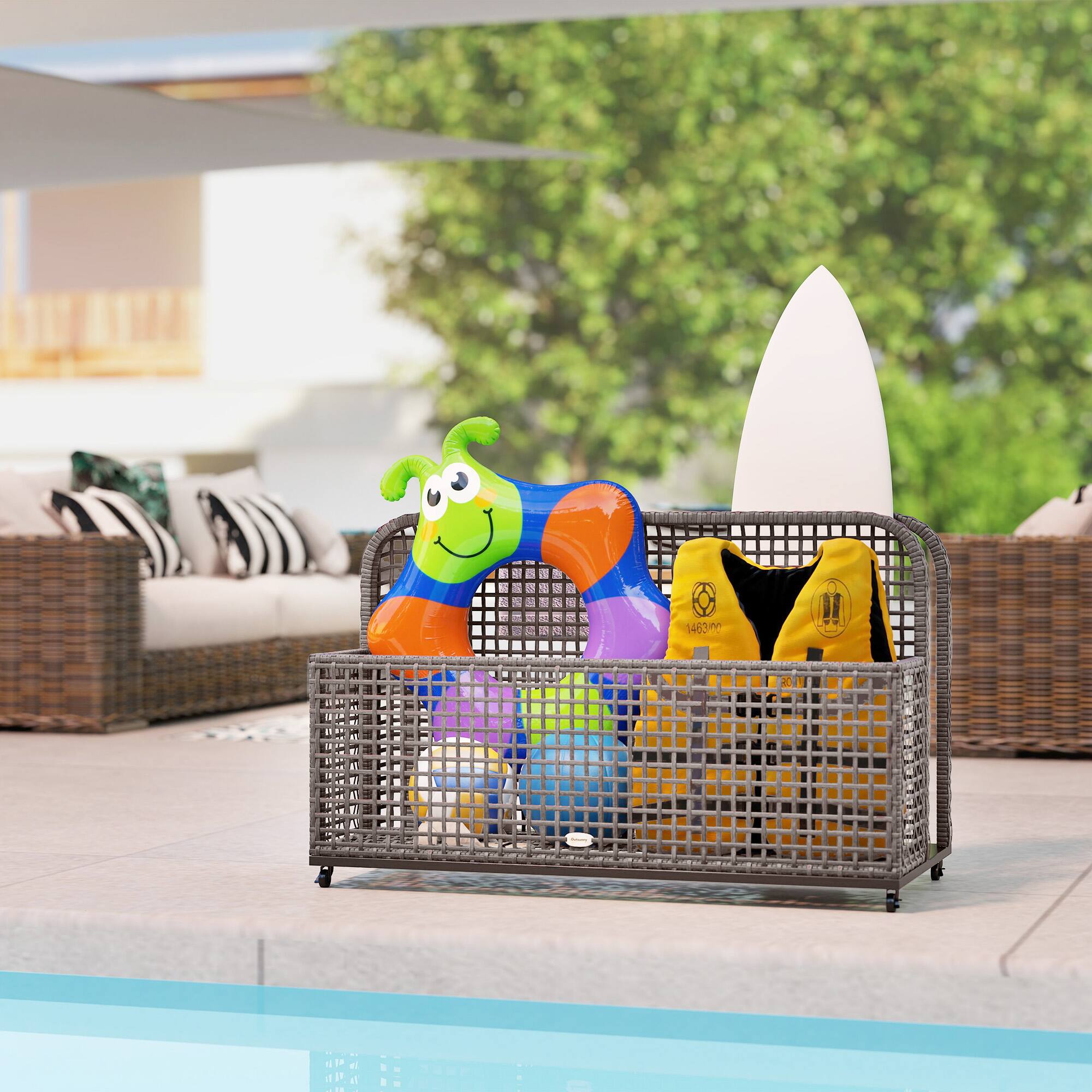 Alt View 7. Outsunny - Patio Wicker Pool Float Storage with Wheels, Outdoor Rolling PE Rattan Pool Caddy, Includes Compartment and Basket - Light Gray.