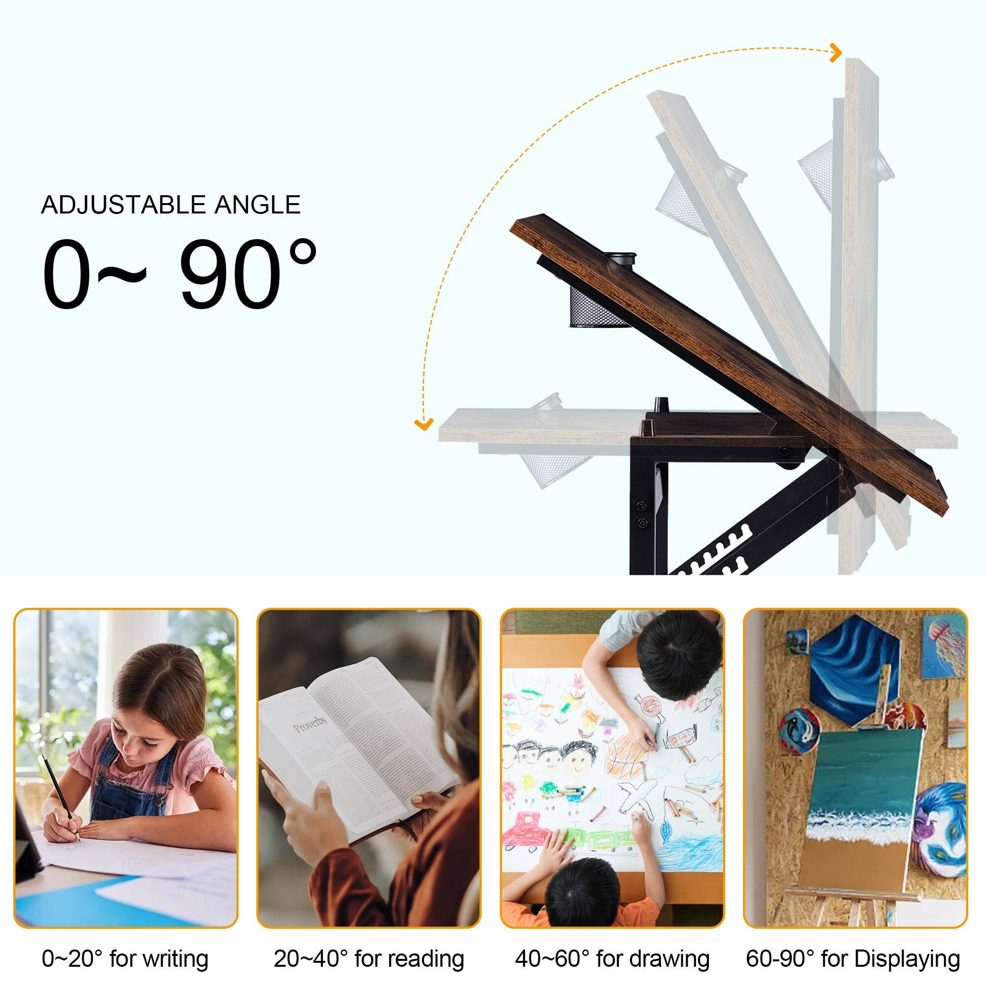 ADJUSTABLE ANGLE  
0°~90°

0°~20° for writing  
20°~40° for reading  
40°~60° for drawing  
60°~90° for Displaying