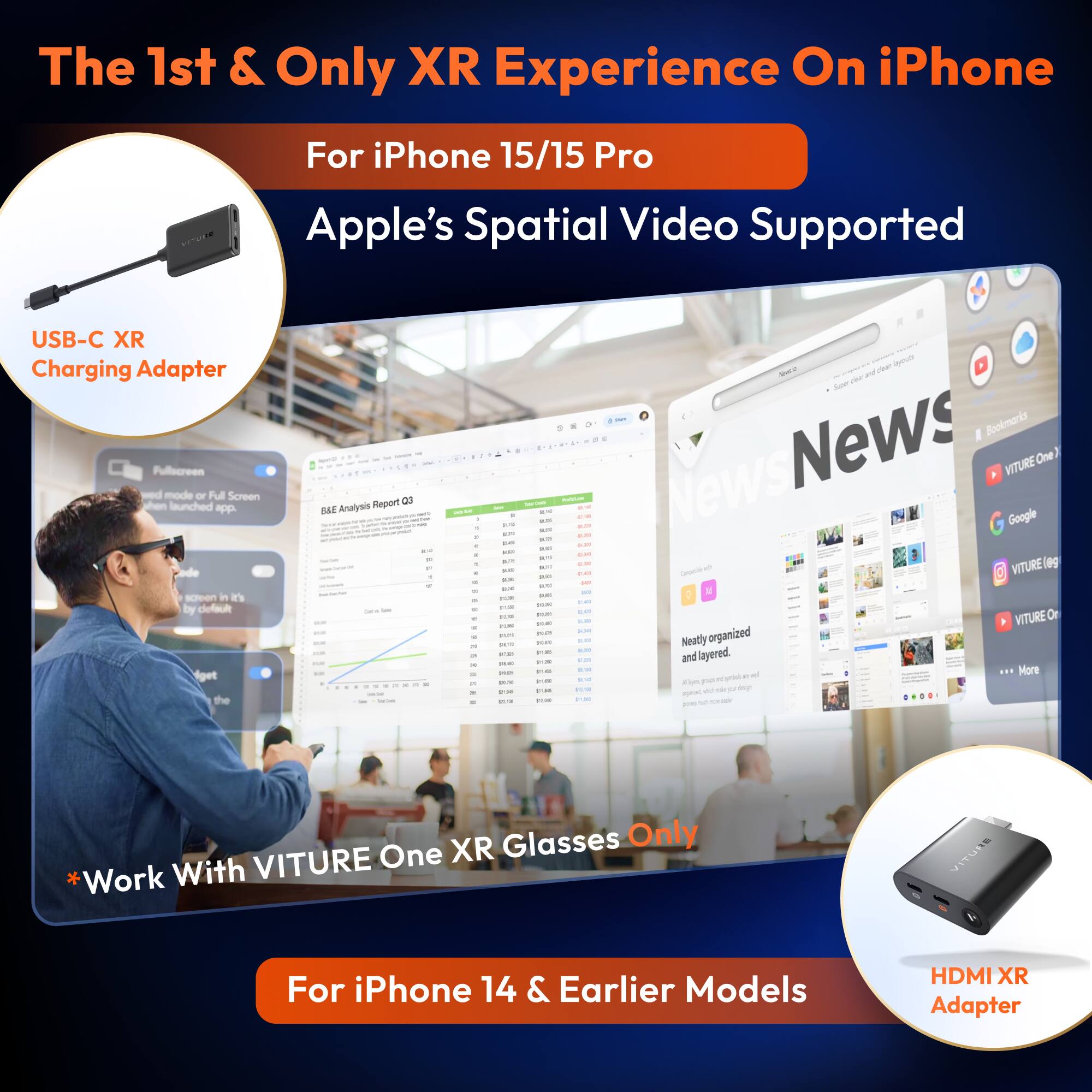 The 1st & Only XR Experience On iPhone  
For iPhone 15/15 Pro  
Apple’s Spatial Video Supported  

USB-C XR Charging Adapter  

Work With VITURE One XR Glasses Only  

For iPhone 14 & Earlier Models  

HDMI XR Adapter  

Fullscreen wed mode - Full Screen launched app by default  

BAE Analysis Report Q3  

News  

VITURE One  

Google  

VITURE (9 - a 5 VITURE Or Neatly organized and layered - More