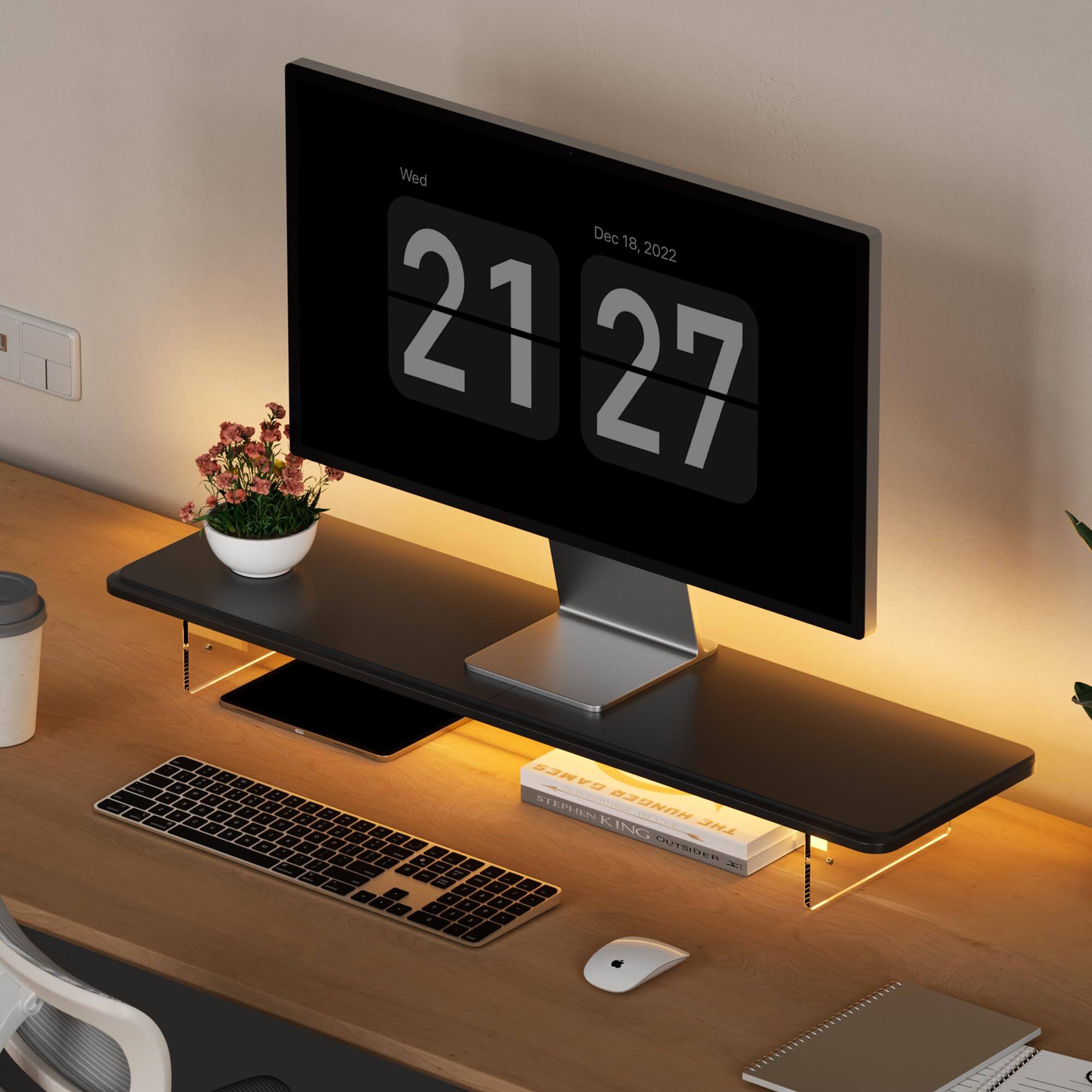 Hirose Alice - Dual Monitor Riser Cookie-shaped Adjustable Length & Swivel Angle Wooden Desktop Organizer For 2 Monitors Sta - Black