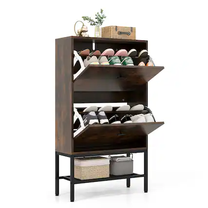 Front. Ecooso - Shoe Storage Cabinet Industrial Organizer with 2 Flip Drawers and Bottom Metal Shelf - Brown.