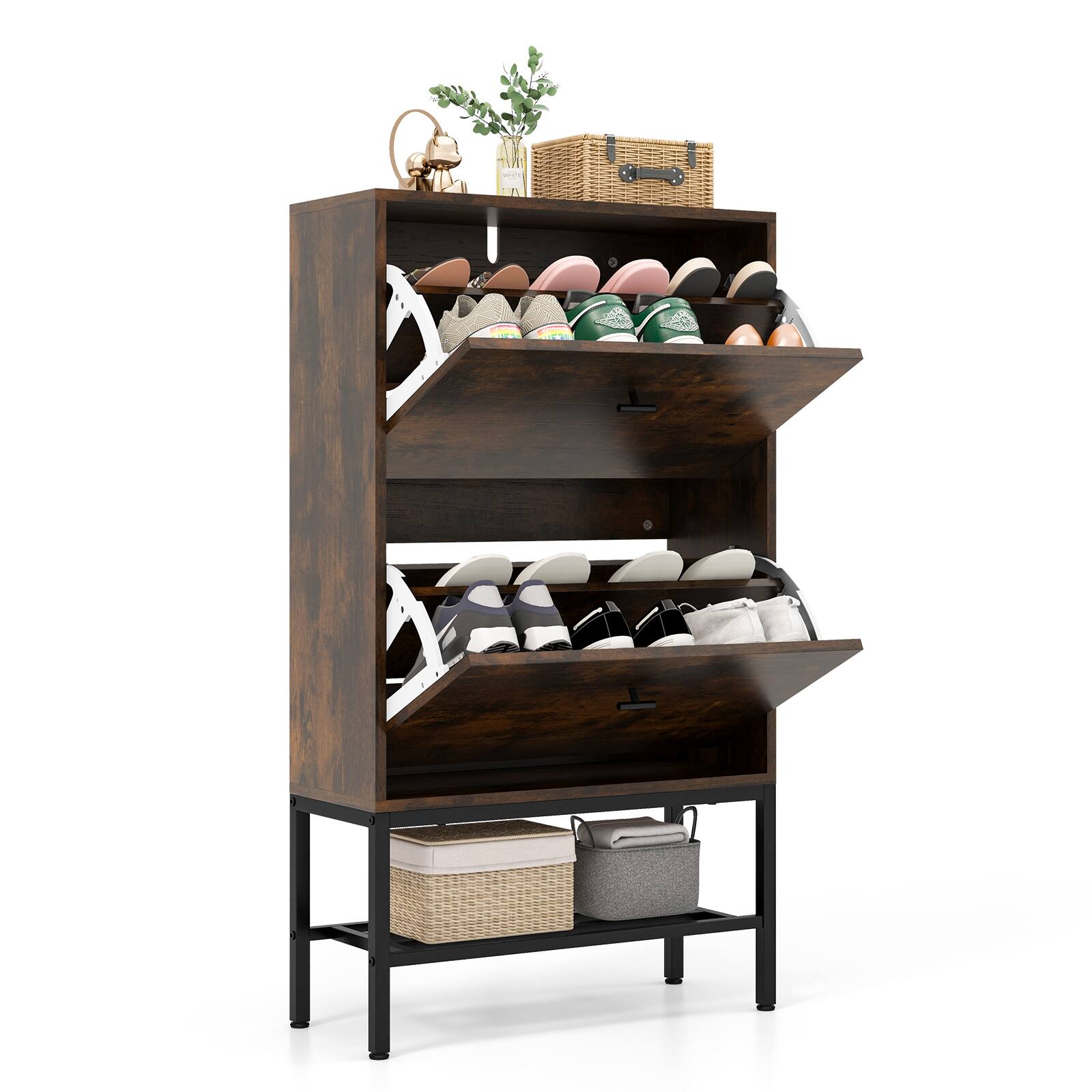 Sugift - Industrial Shoe Storage Cabinet with 2 Flip Drawers and 1 Bottom Metal Shelf - Brown