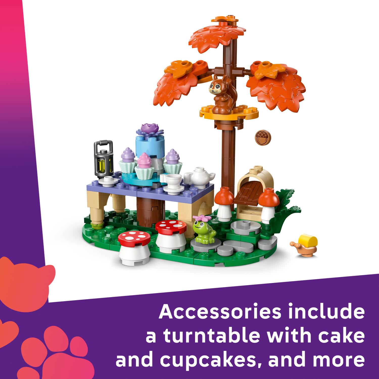 Accessories include a turntable with cake and cupcakes, and more