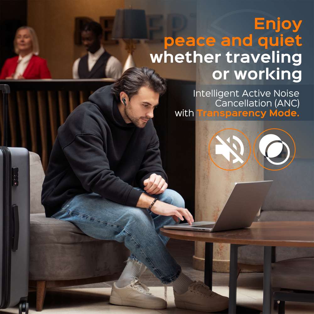 Enjoy peace and quiet whether traveling or working.

Intelligent Active Noise Cancellation (ANC) with Transparency Mode.