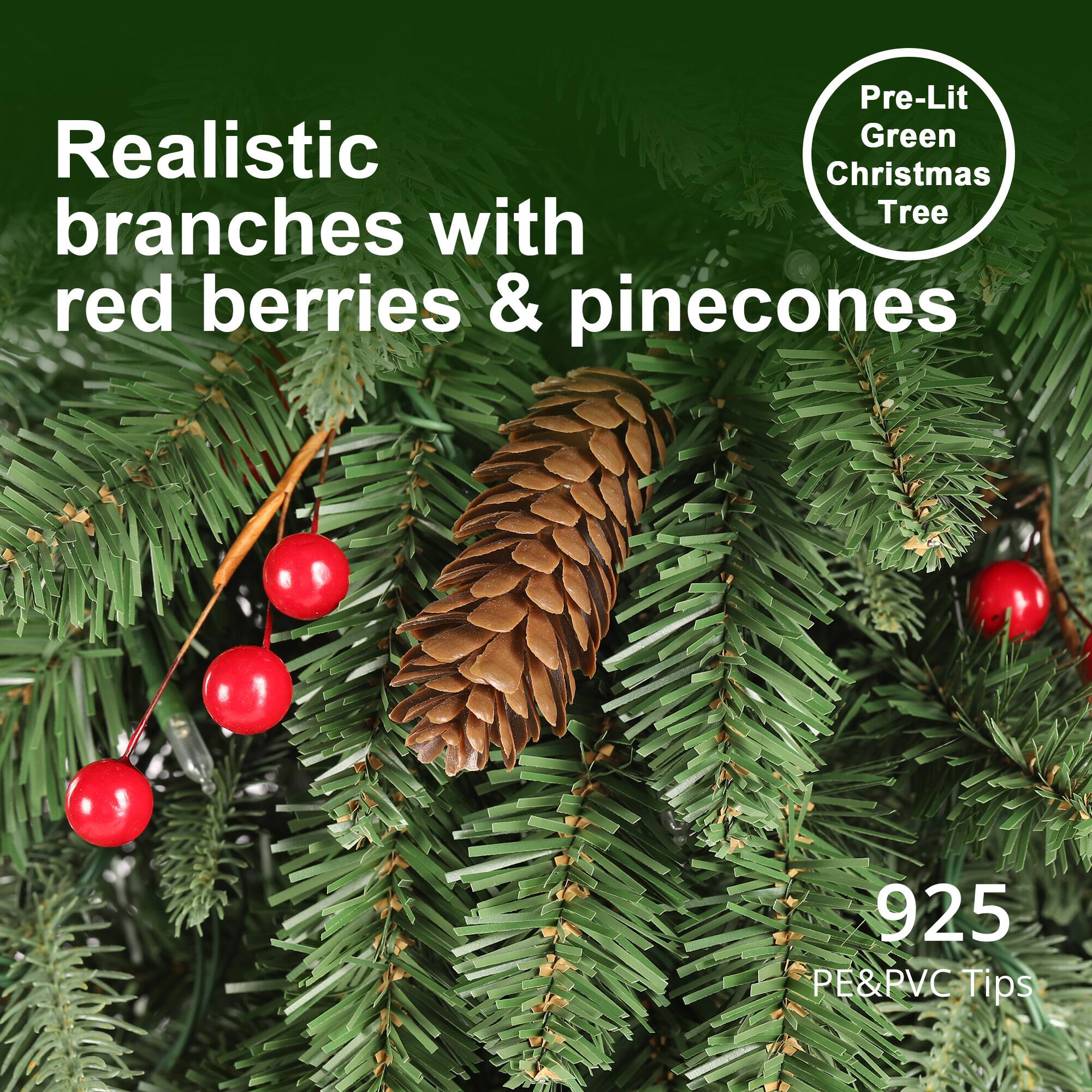 Pre-Lit Green Realistic Christmas Tree branches with red berries & pinecones  
925 PE&PVC Tips