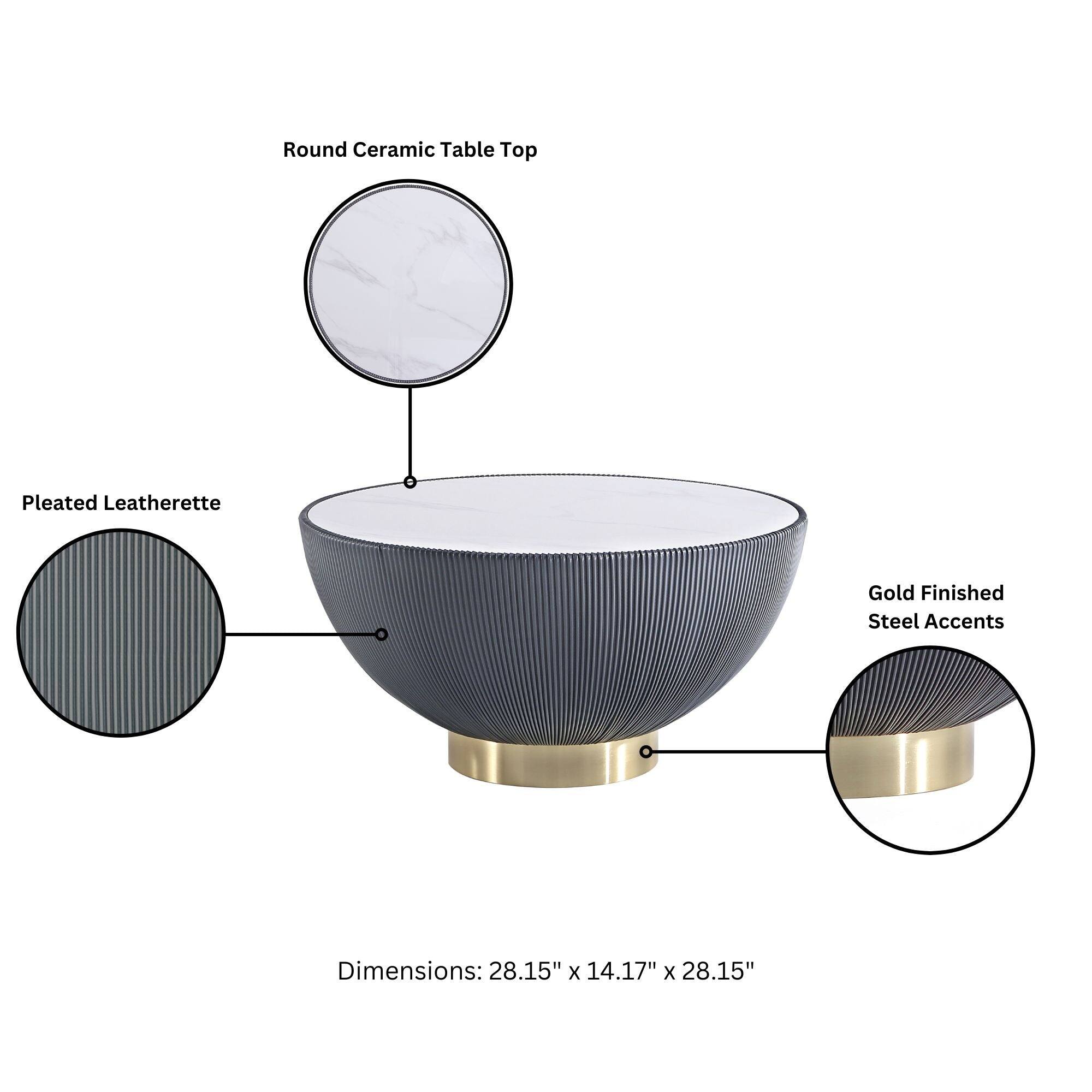 Round Ceramic Table Top  
Pleated Leatherette  
Gold Finished Steel Accents  
Dimensions: 28.15" x 14.17" x 28.15"