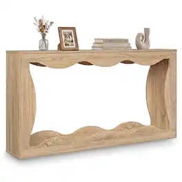 Costway - 63" Console Table, 2-Tier Narrow Entryway Table with Wavy Edge Storage Shelf - Natural