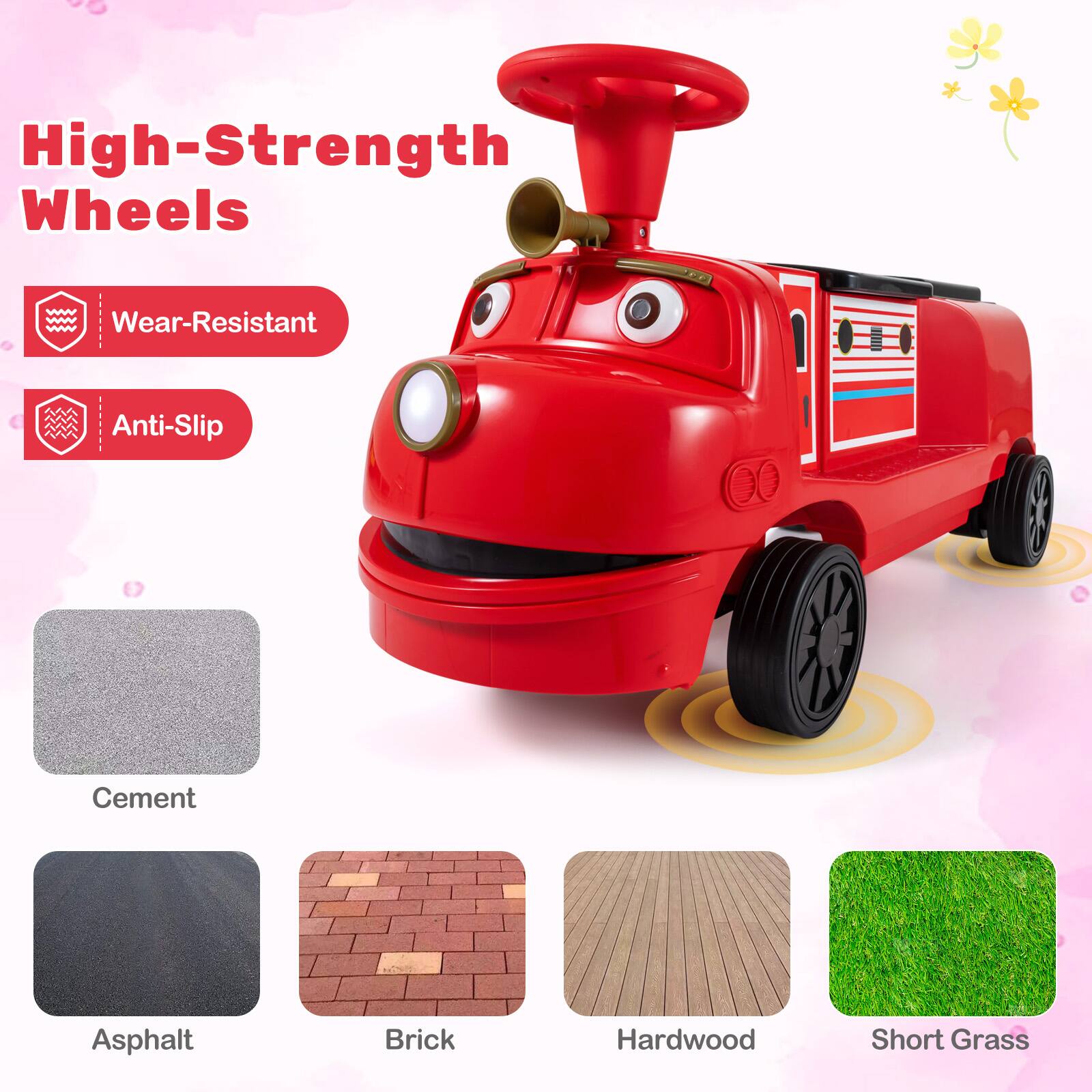 High-Strength Wheels  
Wear-Resistant  
Anti-Slip  
Cement  
Asphalt  
Brick  
Hardwood  
Short Grass