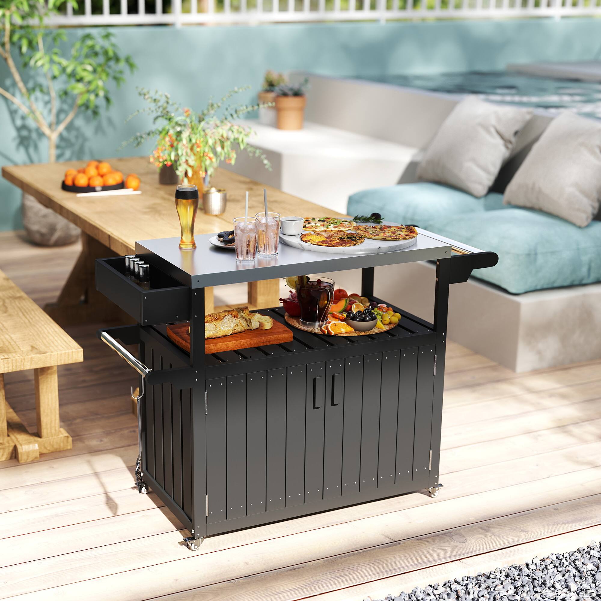 Alt View 8. Outsunny - Outdoor Bar Cart with Storage Cabinet, Stainless Steel Top Kitchen Island on Wheels, HDPE Outdoor Bar Table - Black.