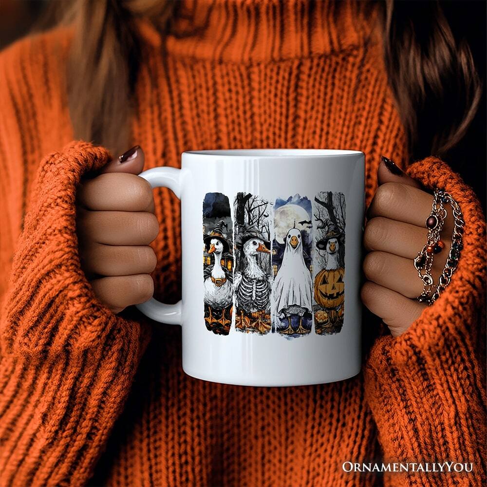Left. OrnamentallyYou - Halloween Goose in Costume Mug, Spooky Fall Geese Gift - White.