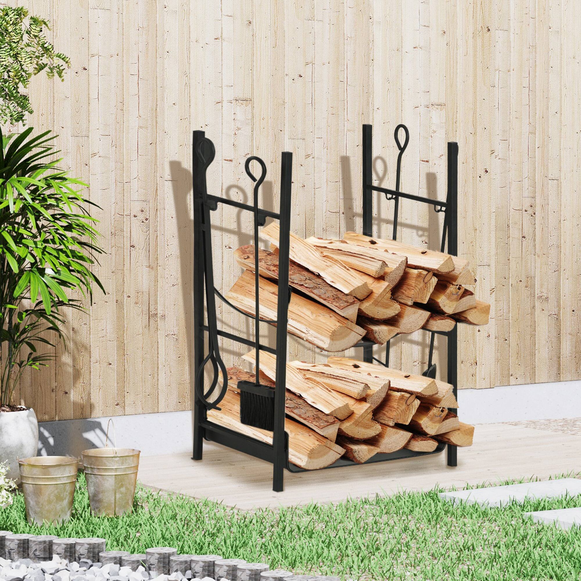 Alt View 7. Outsunny - Firewood Rack with Fireplace Tools, Indoor Outdoor Firewood Holder, Flat Bottom with 2 Tiers for Fireplace - Black.