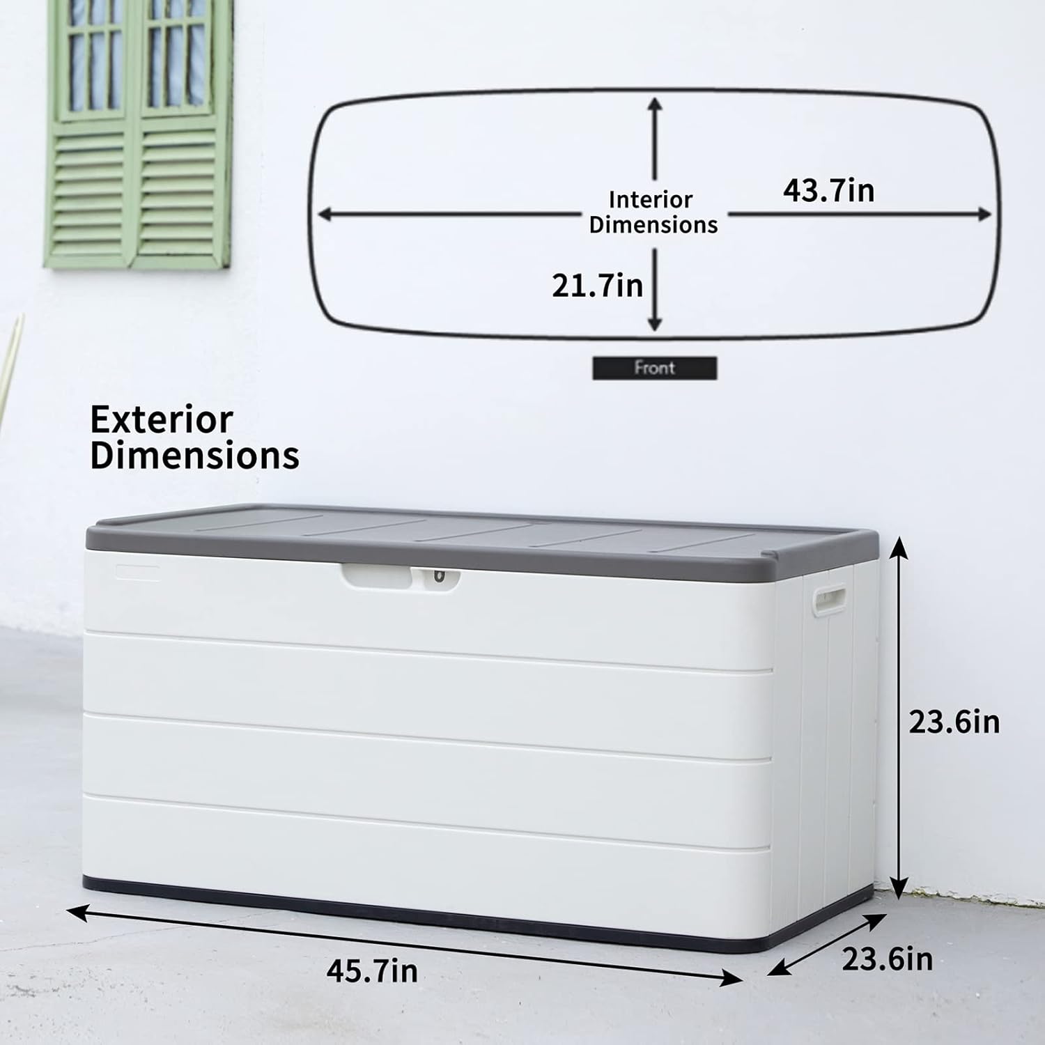Interior Dimensions: 43.7in x 21.7in  
Front Exterior Dimensions: 23.6in x 45.7in x 23.6in