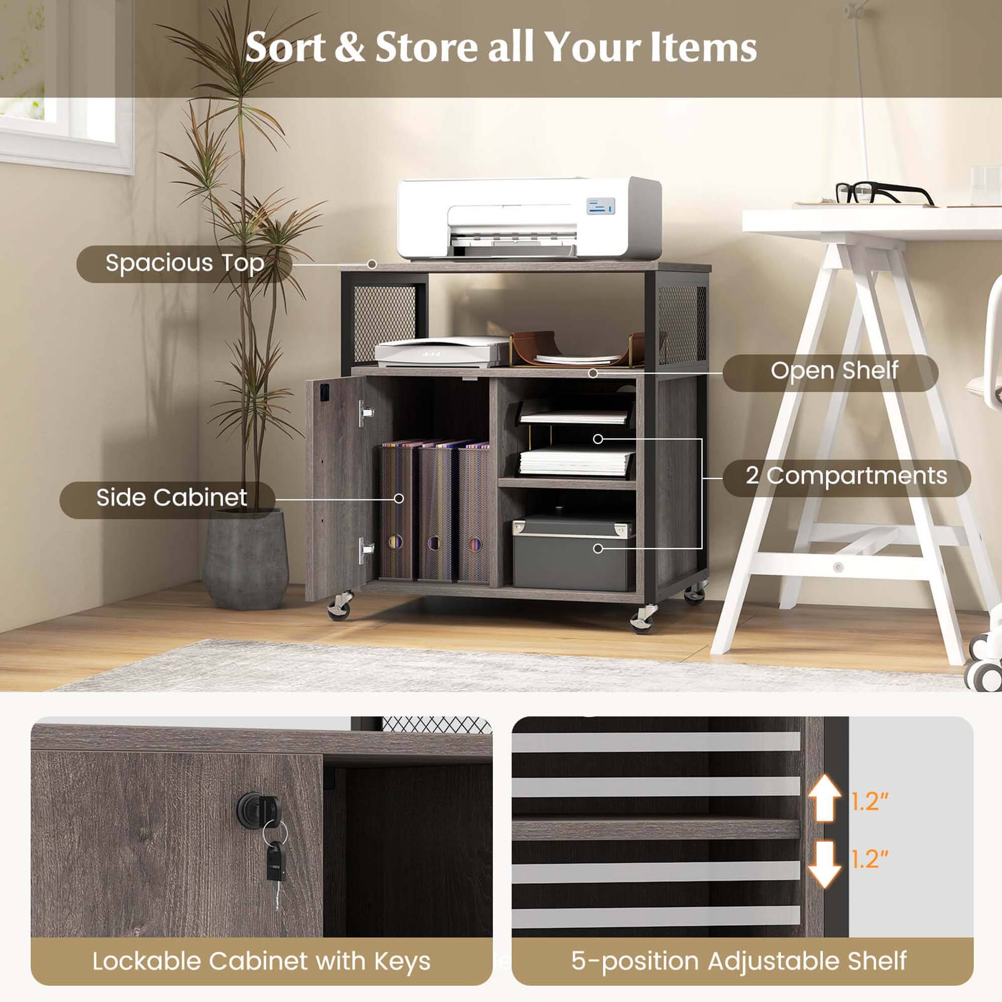 Sort & Store all Your Items

- Spacious Top
- Side Cabinet
- Open Shelf
- 2 Compartments
- Lockable Cabinet with Keys
- 5-position Adjustable Shelf
- 1.2" Adjustable Shelf