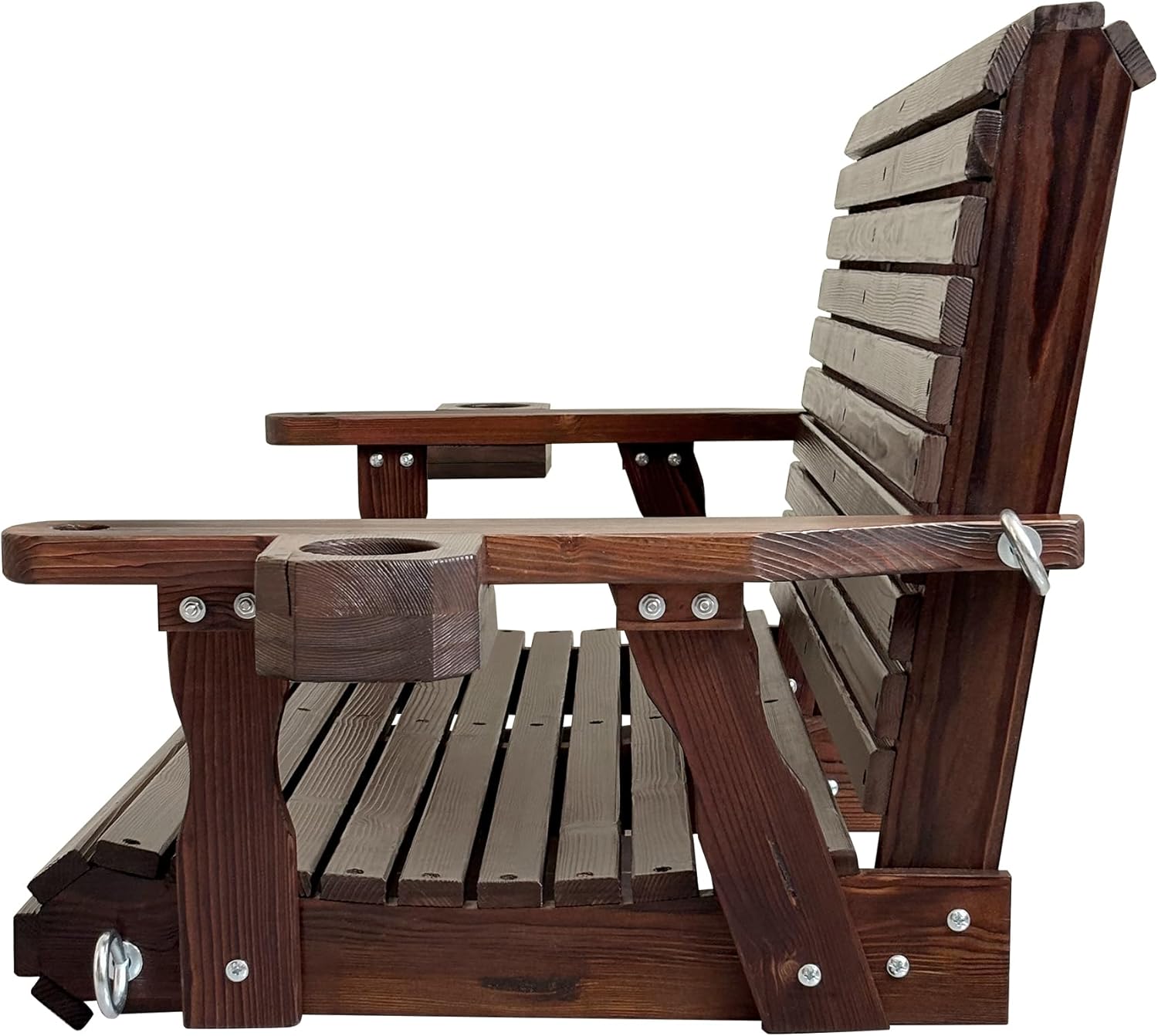 Alt View 4. Fortune Candy - Wooden Porch Swing 2-Seater, High Backrest and Deep Seat, Bench Swing with Cupholders, for Outdoor Patio Garden - Deep Brown.