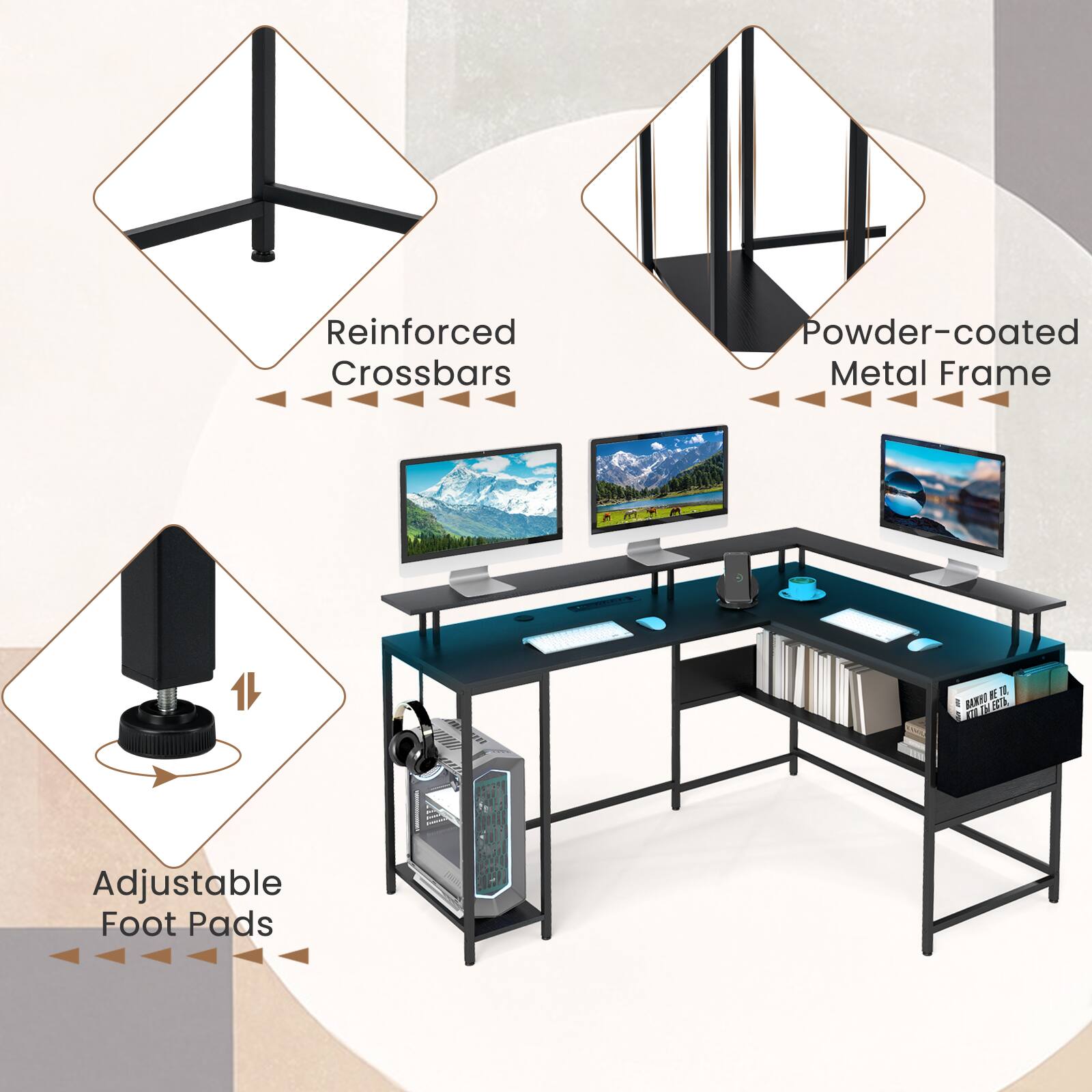 Reinforced Crossbars  
Powder-coated Metal Frame  
Adjustable Foot Pads