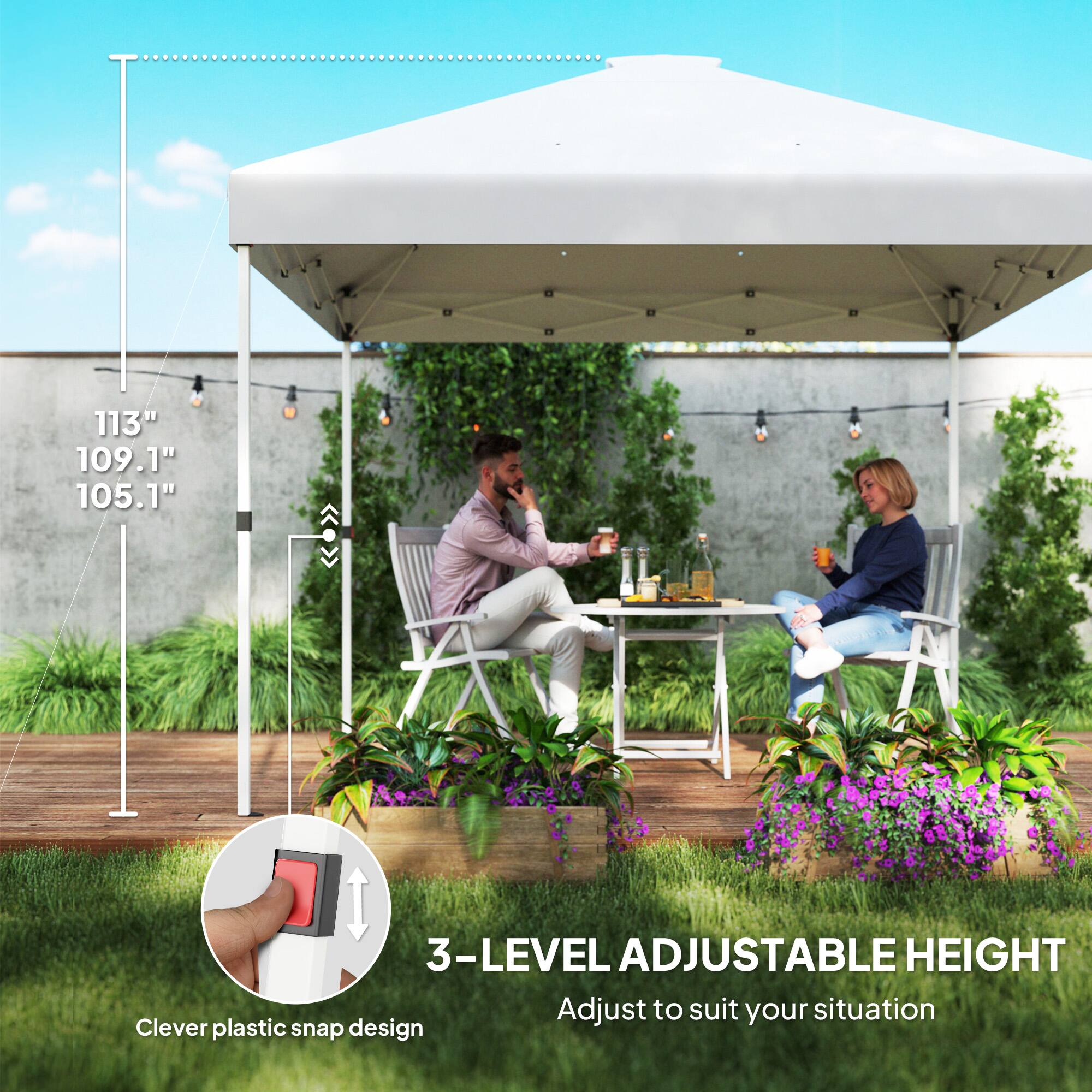 113" 109.1" 105.1" 3-LEVEL ADJUSTABLE HEIGHT Adjust to suit your situation Clever plastic snap design