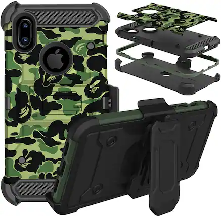 Front. DuraSafe Cases - iPhone X/iPhone XS - 5.8" Heavy-Duty Rugged Phone Case with Kickstand - Military Moss(With Holster).
