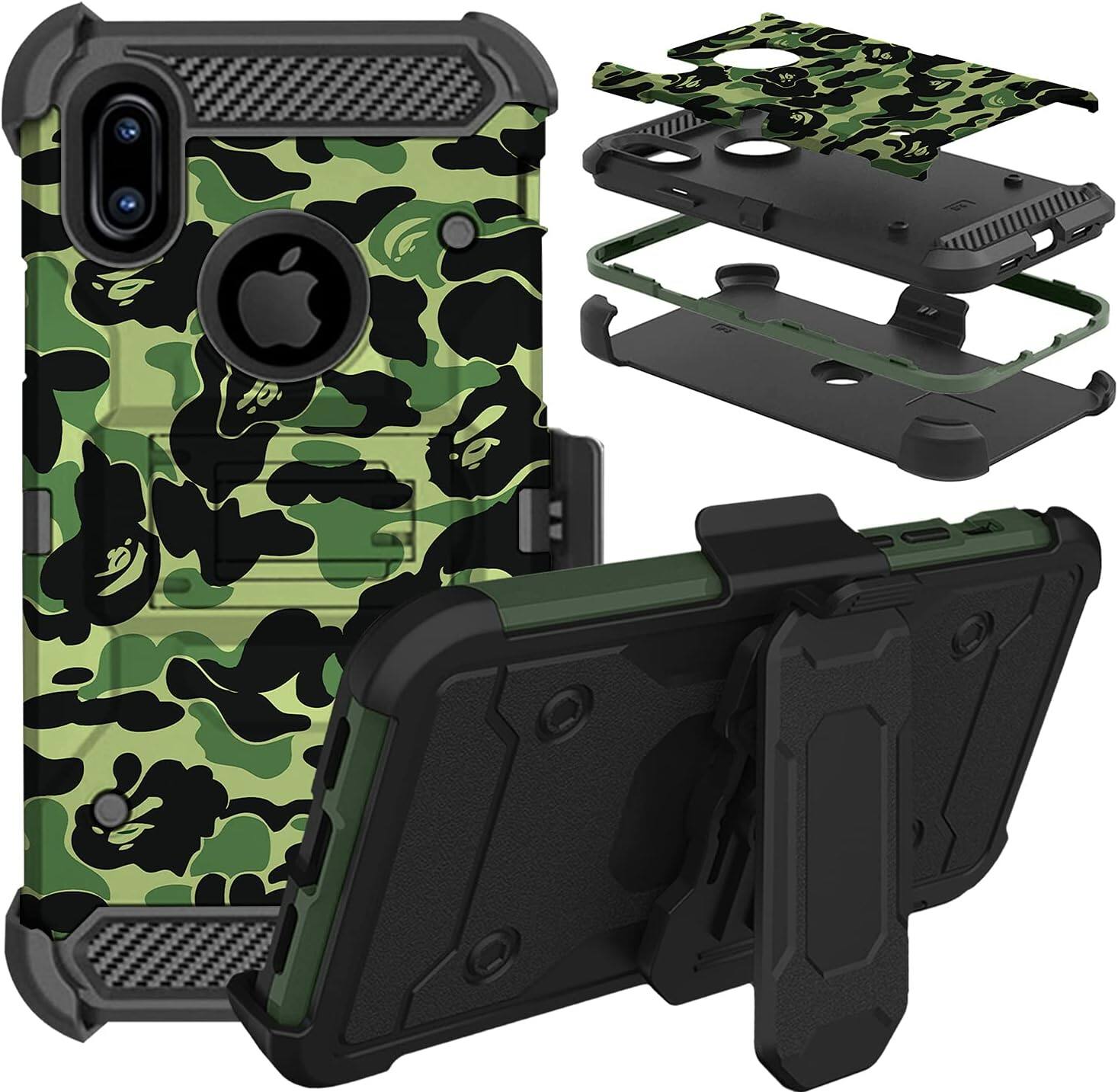 Front. DuraSafe Cases - iPhone X/iPhone XS - 5.8" Heavy-Duty Rugged Phone Case with Kickstand - Military Moss(With Holster).