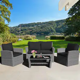 Gymax - 4PCS Patio Rattan Conversation Set Outdoor Furniture Set w/ Cushions - Black