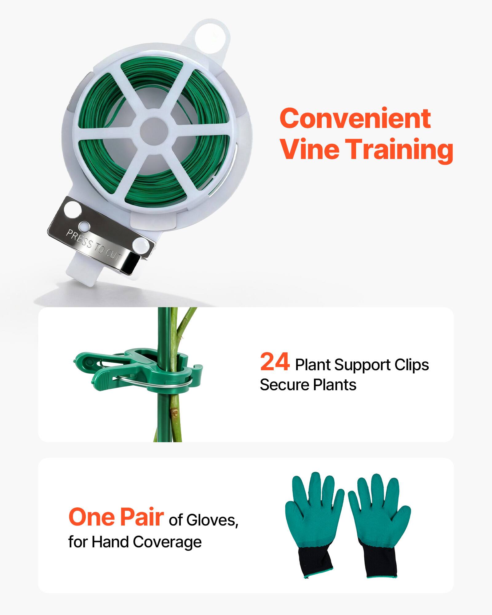 Convenient Vine Training  
Press to Cut  

24 Plant Support Clips  
Secure Plants  

One Pair of Gloves,  
for Hand Coverage