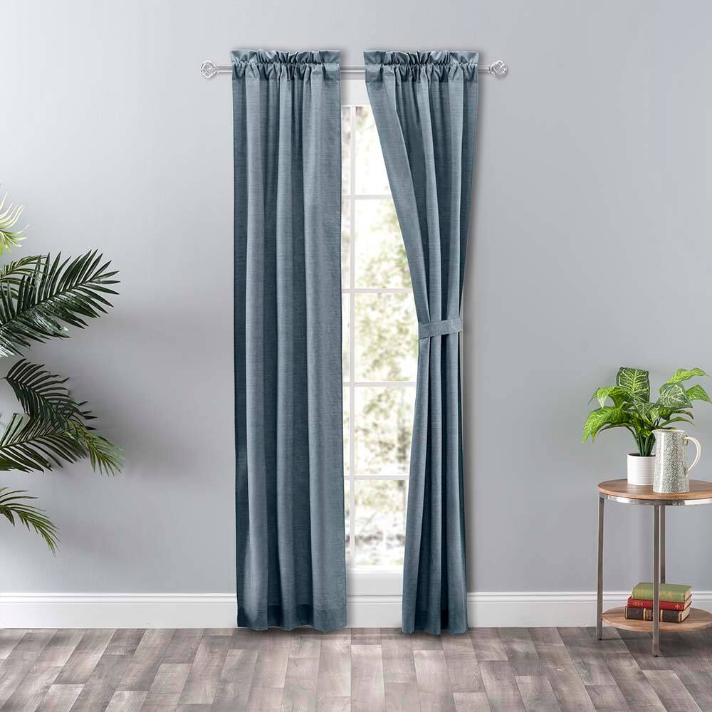 Angle. Ellis Curtain - Ellis Curtain Lisa Solid Poly Cotton Duck Fabric Tailored Panel Pair with Ties 56" x 84" Dusty Blue - Dusty blue.