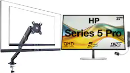 HP - Series 5 Pro 27" QHD IPS Monitor, AntiGlare, FlickerFree, Displayport, HDMI, w/DKZ Hub & ErgoFlexy Single Mount Arm - Silver/Black