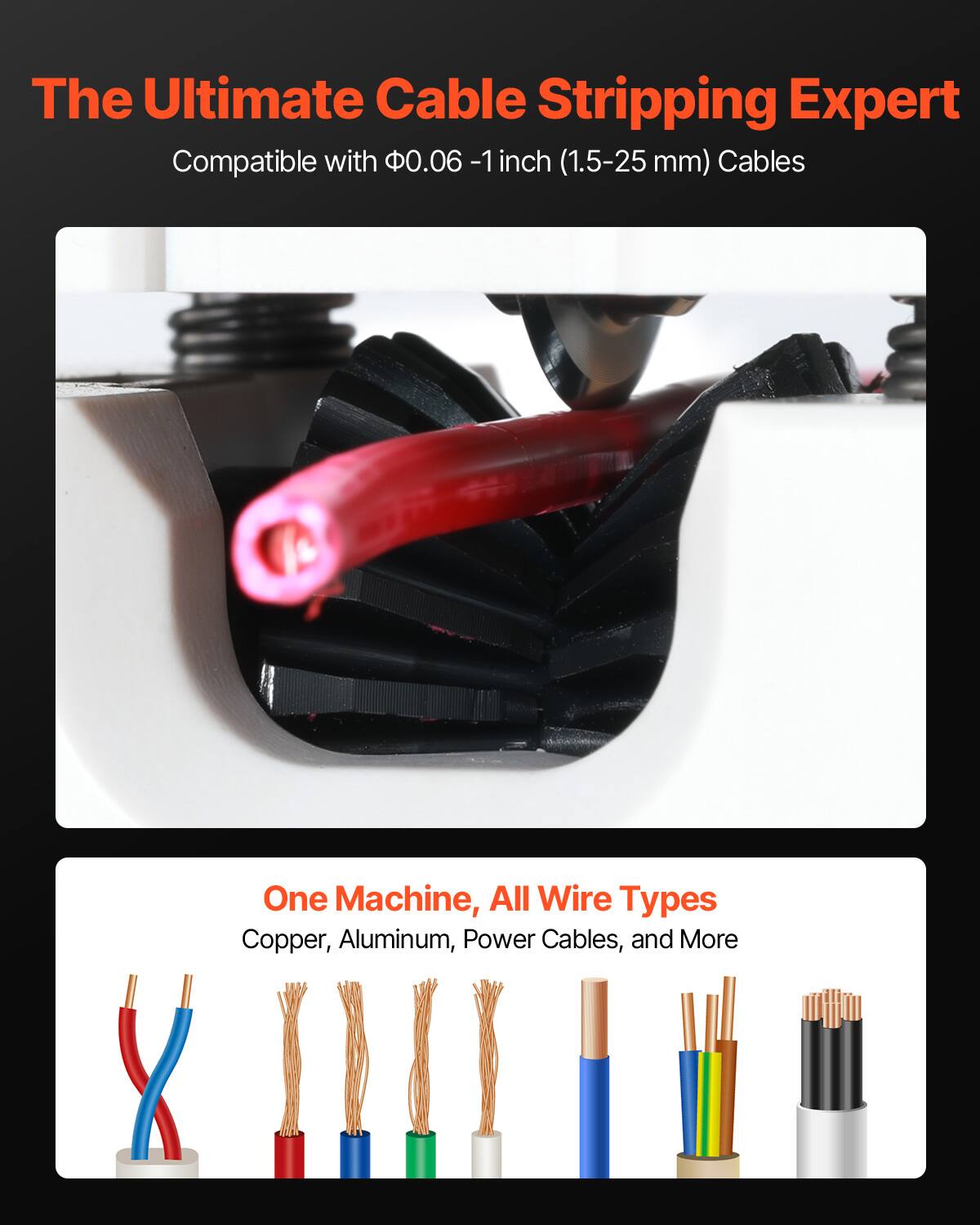 The Ultimate Cable Stripping Expert  
Compatible with Ø0.06 - 1 inch (1.5-25 mm) Cables  

One Machine, All Wire Types  
Copper, Aluminum, Power Cables, and More