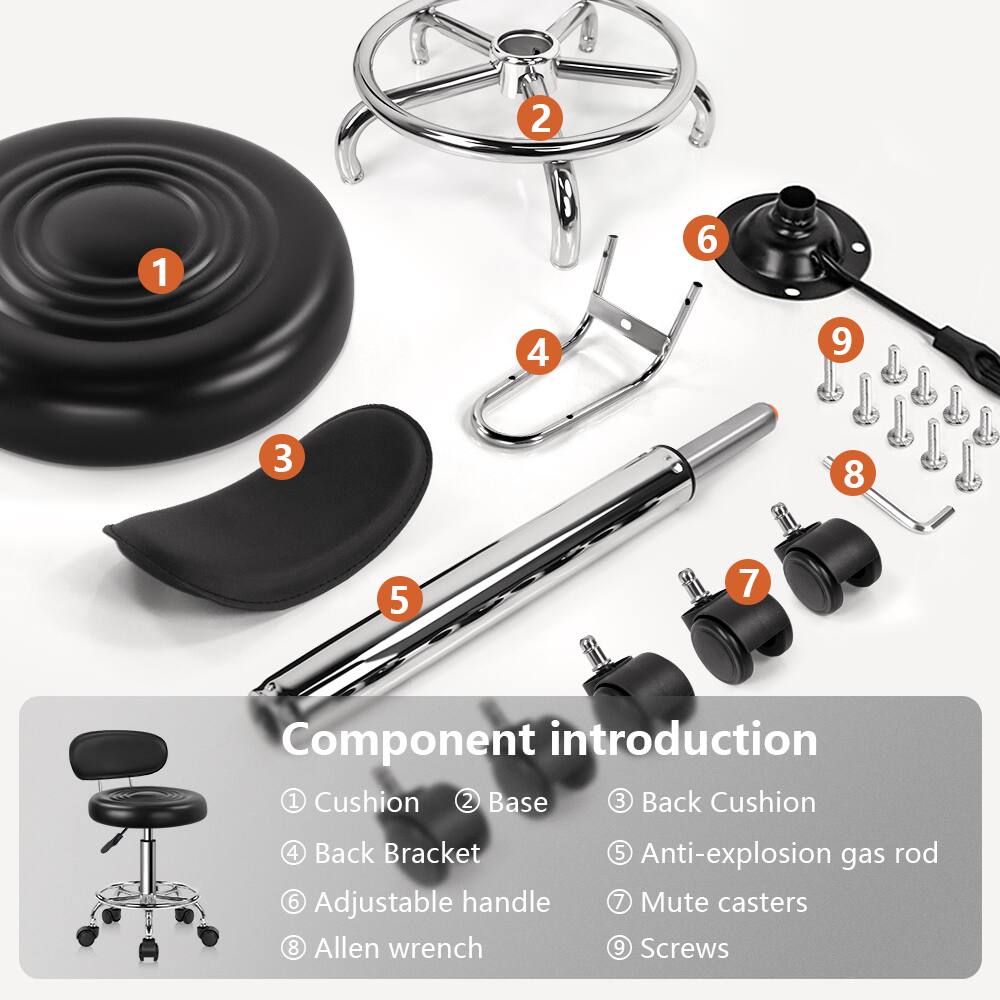 Component introduction

1. Cushion  
2. Base  
3. Back Cushion  
4. Back Bracket  
5. Anti-explosion gas rod  
6. Adjustable handle  
7. Mute casters  
8. Allen wrench  
9. Screws