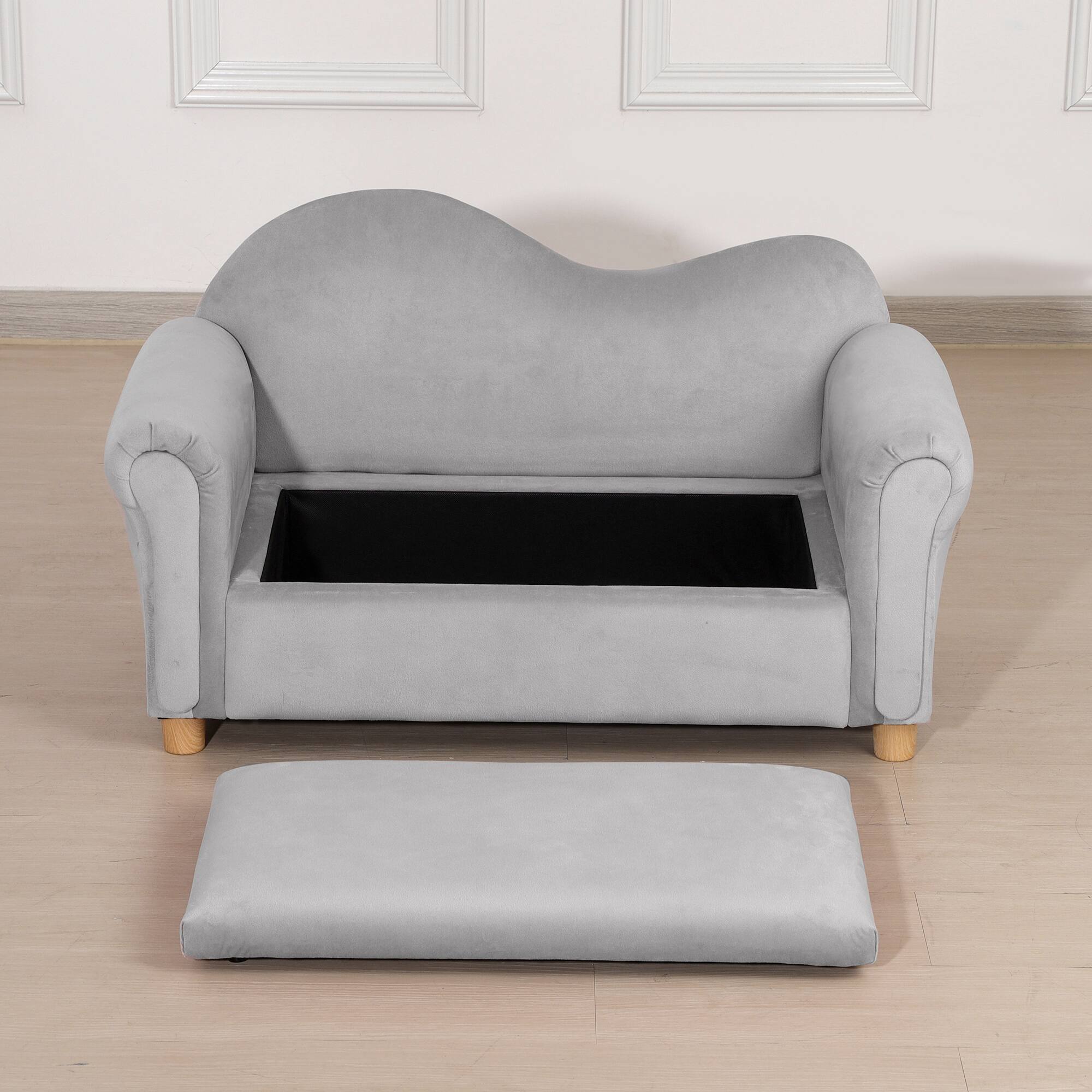 Alt View 5. Qaba - Ergonomic Foam Kids Sofa, Inner Toy Storage Chest, Velvet Kids Couch, Soft Arms, Children's Lounge Furniture - Grey.