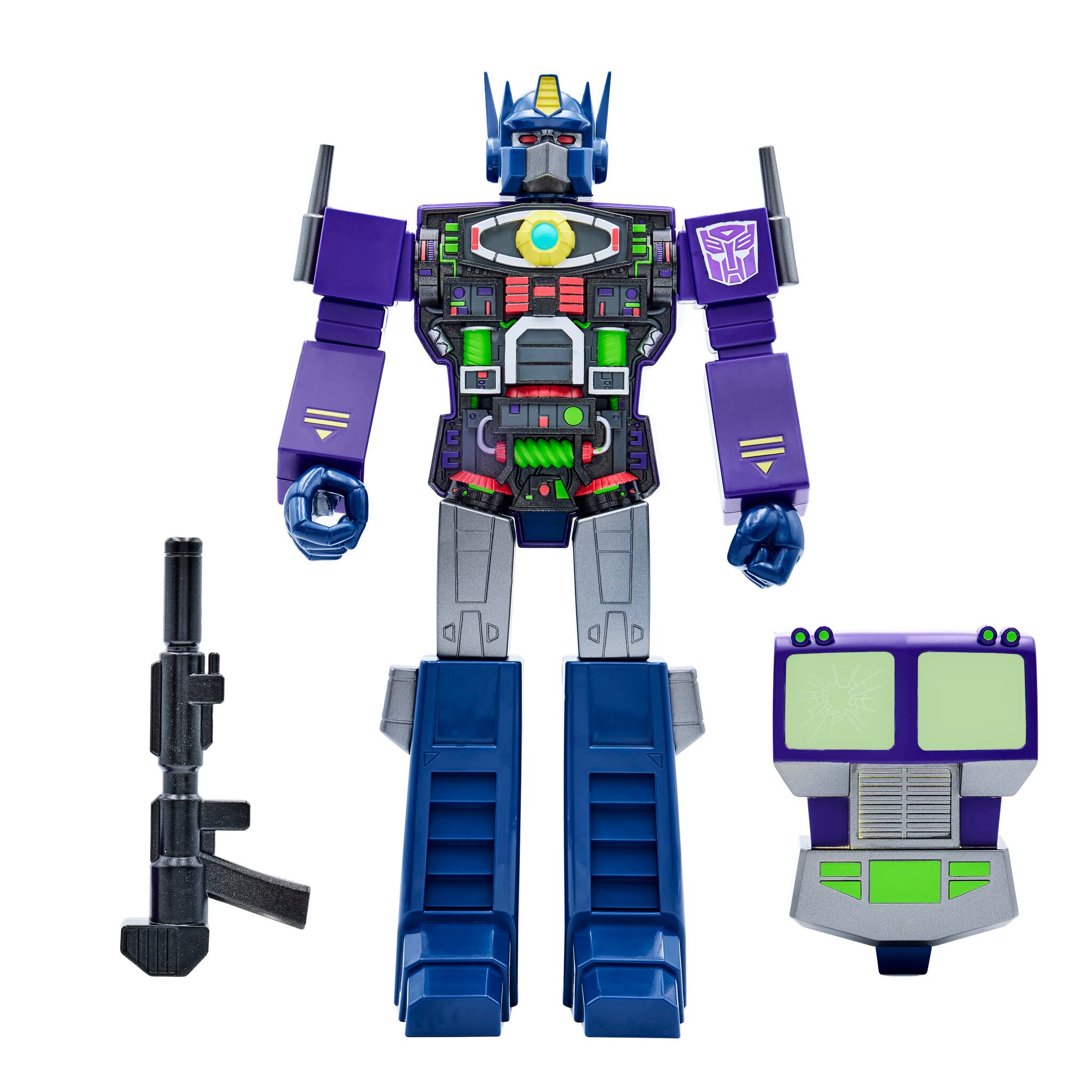 Angle. Super7 - Transformers Shattered Glass 11” Super Cyborg Action Figure - Optimus Prime - Purple.