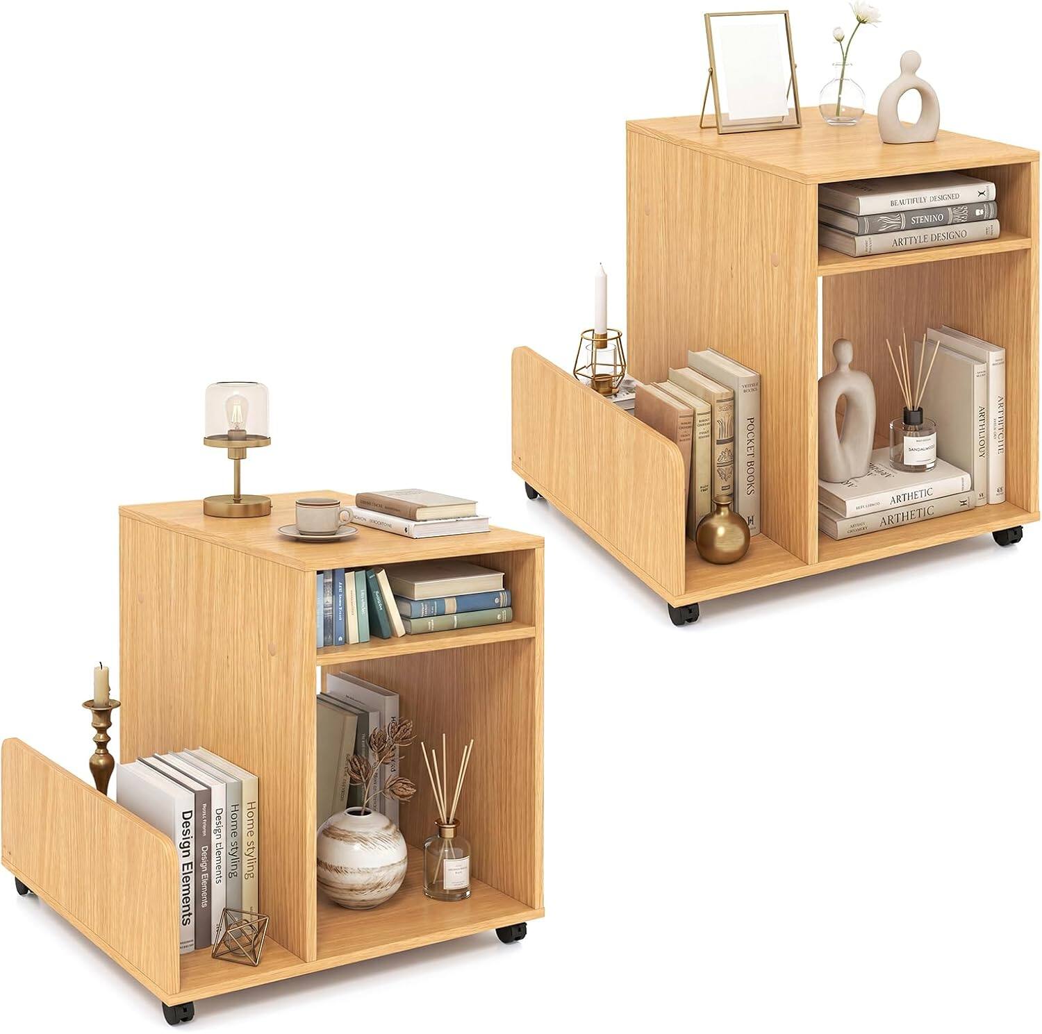 Gymax - 2PCS Rolling End Table w/Side Storage Rack 4 Universal Wheels 2 Lockable Wheels Natural - Yellow price history on PriceWatchPro