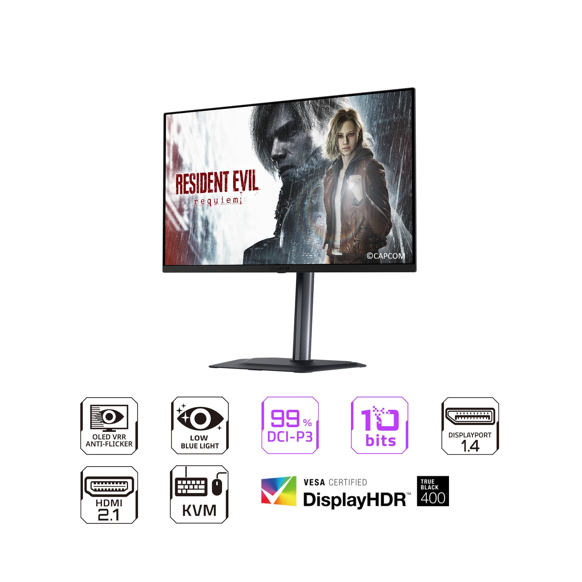 RESIDENT EVIL requiem  
CAPCOM  
OLED VRR  
ANTI-FLICKER  
LOW BLUE LIGHT  
99% DCI-P3  
10 bits  
DISPLAYPORT 1.4  
HDMI 2.1  
KVM  
VESA CERTIFIED  
TRUE BLACK  
DisplayHDR 400
