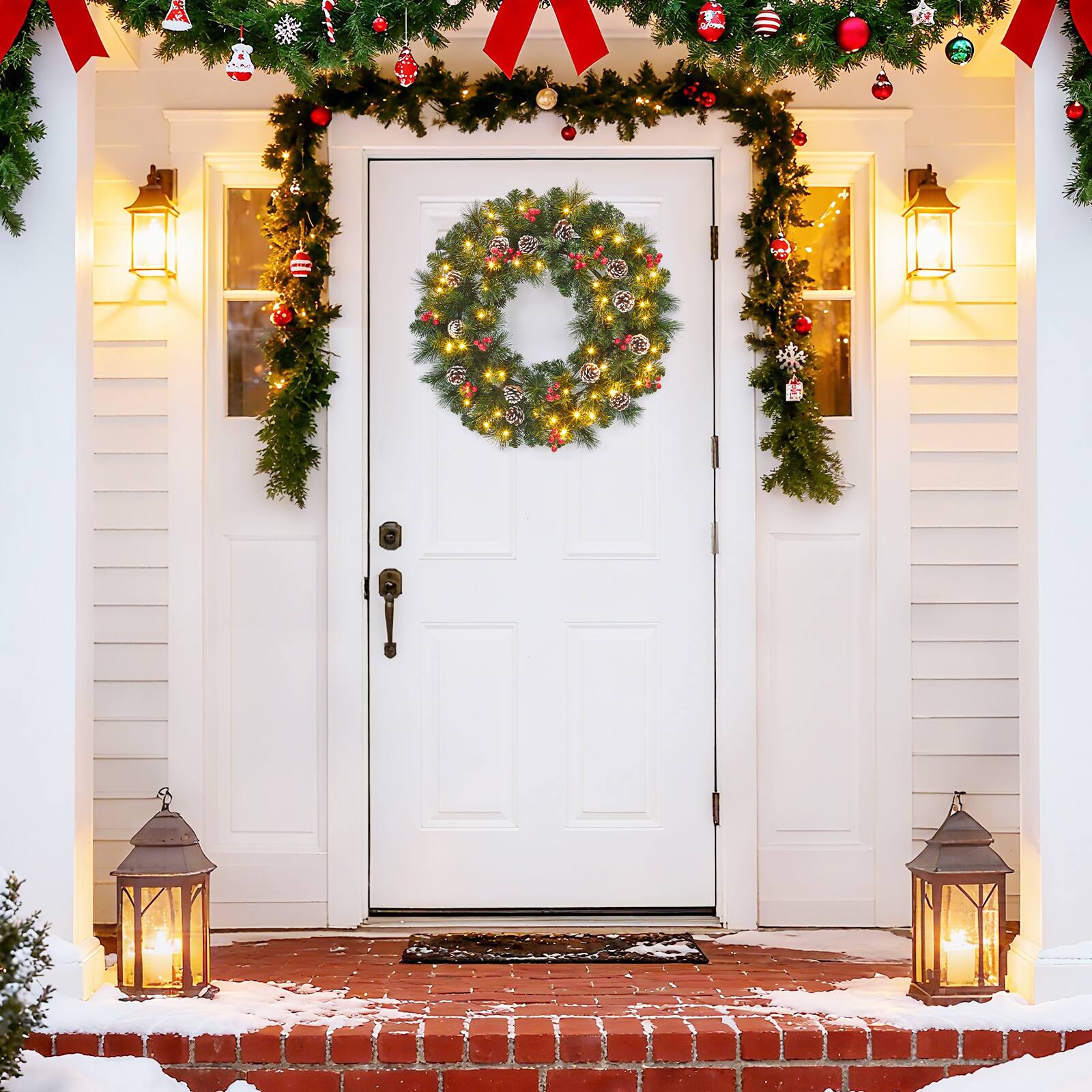 Left. Acekool - 24 Inch Christmas Wreath Prelit Artificial Xmas Wreaths with 50 LED Lights Frosted Branches Pine Cones for Front Door - Green.