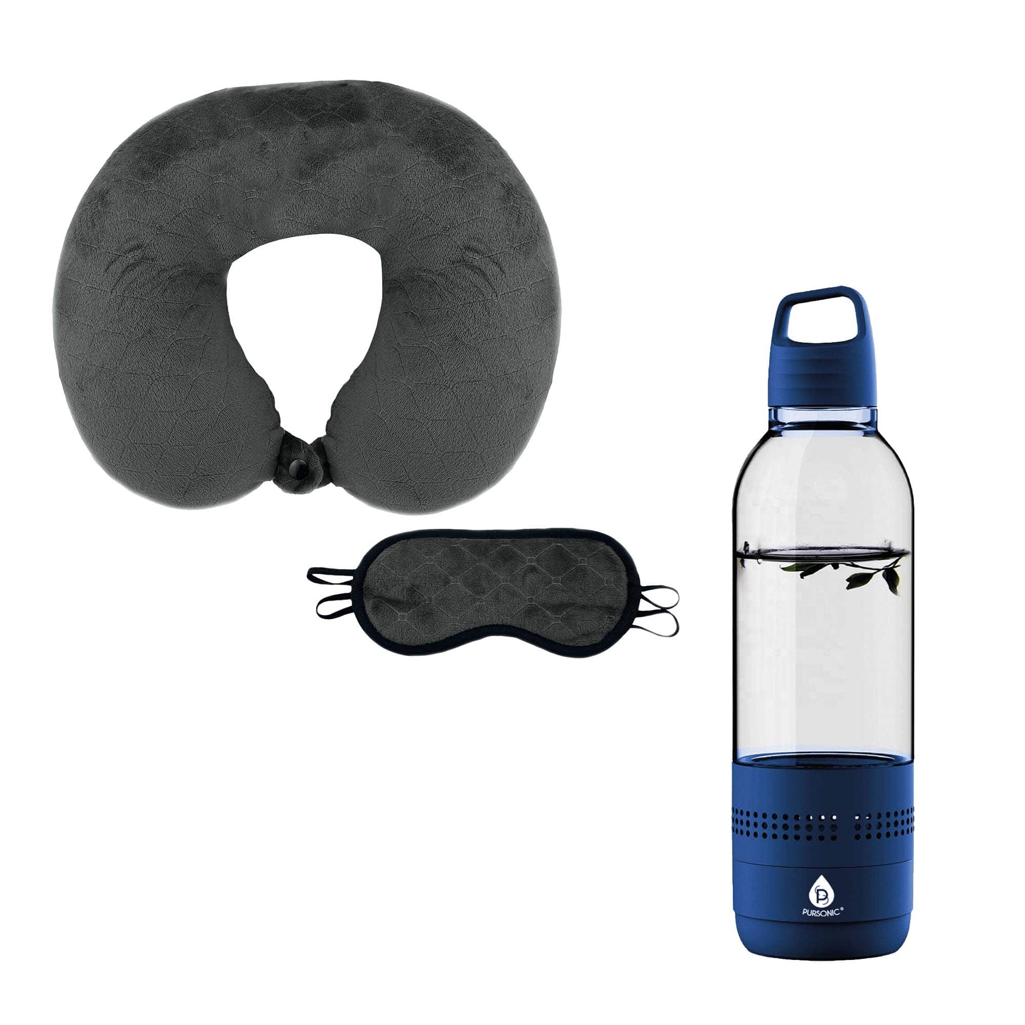 Pursonic - Travel Comfort & Entertainment Bundle – 2-in-1 Water Bottle Speaker & Memory Foam Travel Pillow with Sleep Mask - Multicolor