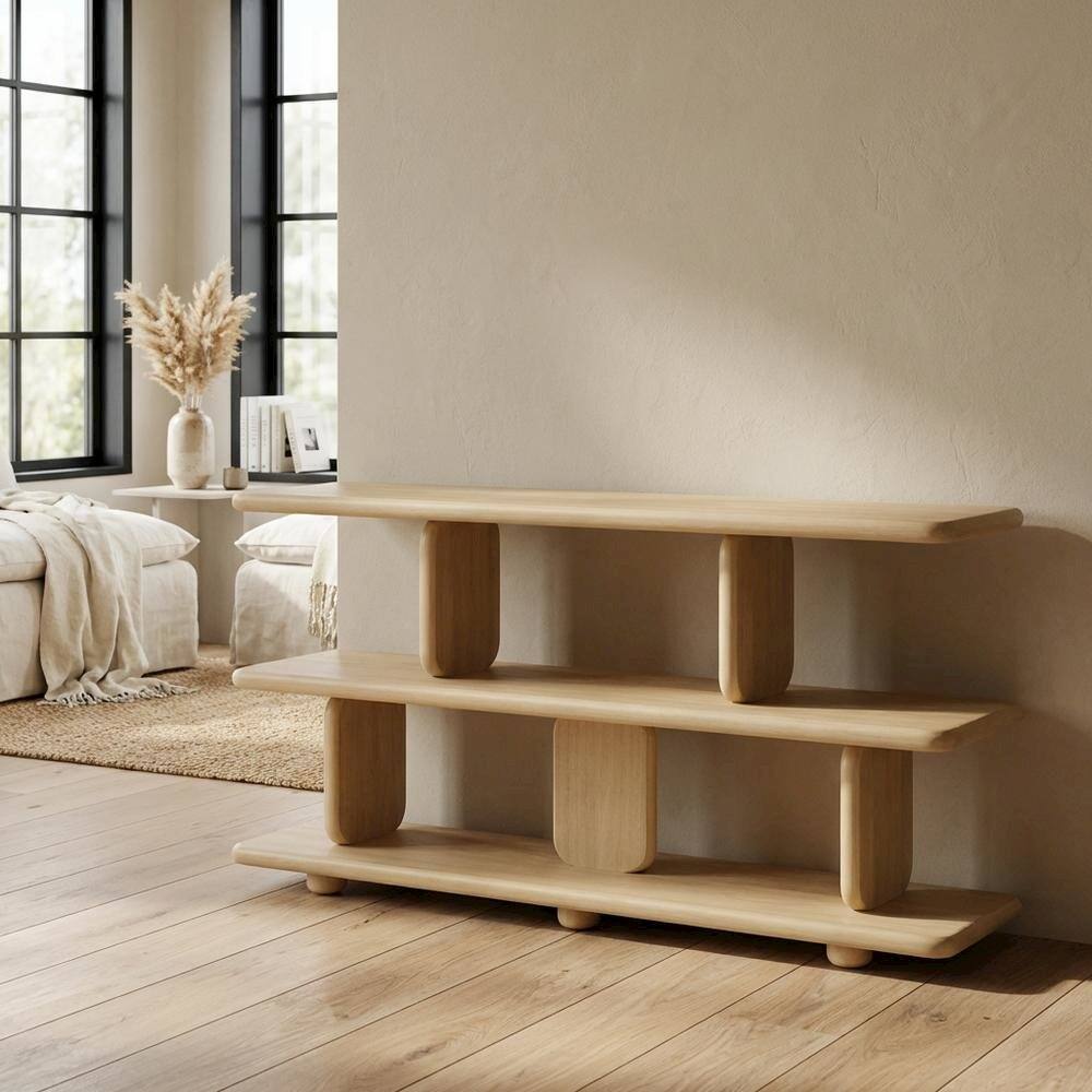 Left. FurniFact - Wooden 2-Tier Bookshelf in Natural Finish with Sturdy Shelving - Brown.