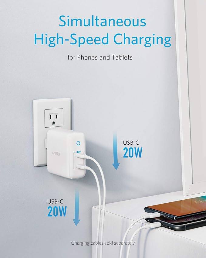 Simultaneous High-Speed Charging for Phones and Tablets

USB-C 20W

USB-C 20W

Charging cables sold separately