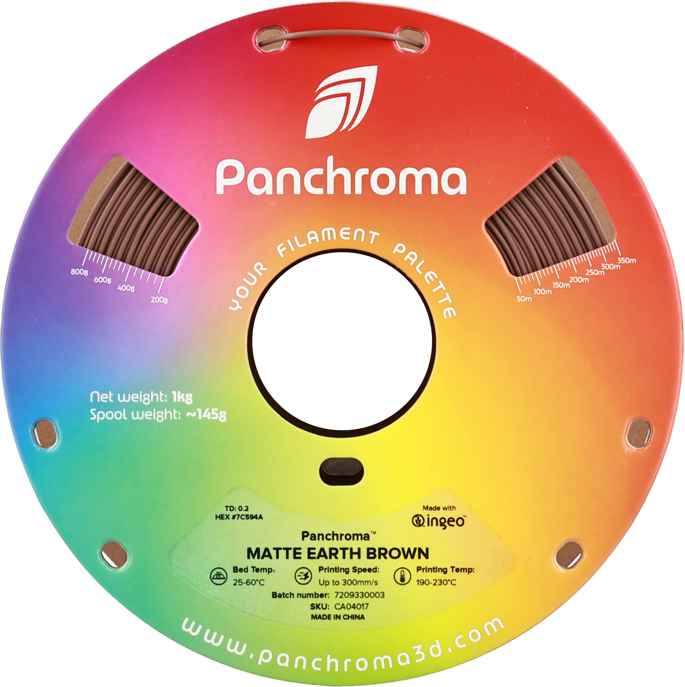 Panchroma FILAMENT 350m 300m 800g 250m 600g PALETTE 200m 400 YOUR 150m 100m 2008 50m Net weight: 1kg Spool weight: ~145g TD: 0.2 Made with HEX #7C594A ingeo Panchroma MATTE EARTH BROWN Bed Temp. Printing Speed: Printing Temp: 25-60C Up to 300mm/s 190-230C Batch number: 7209330003 SKU: CA04017 MADE IN CHINA [www.panchroma3d.com](http://www.panchroma3d.com)