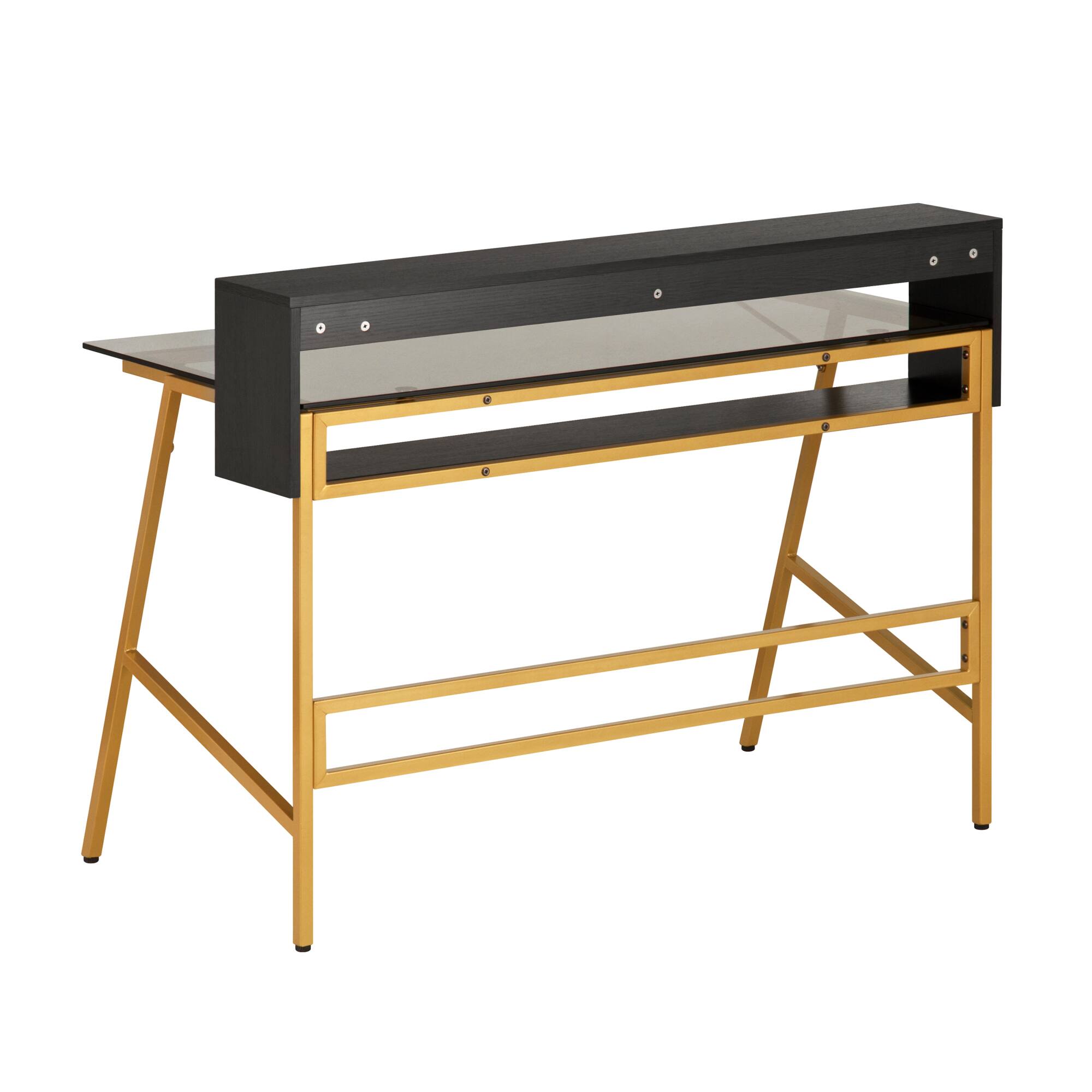 Alt View 2. GOODSILO - Modern Home Office Writing Desk with Tempered Glass Top and Open Shelves - Gold.