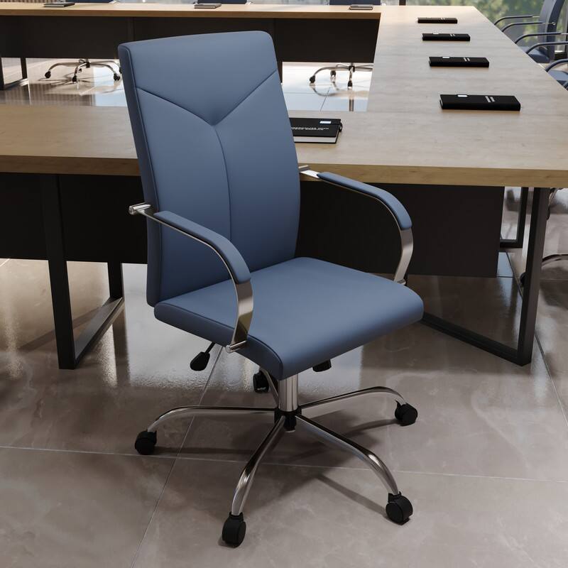 Angle. LeisureMod - Sonora High-Back Leather Office Chair with Adjustable Height, Swivel, and Tilt, Desk, Conference Room, or Home Office - Navy Blue.