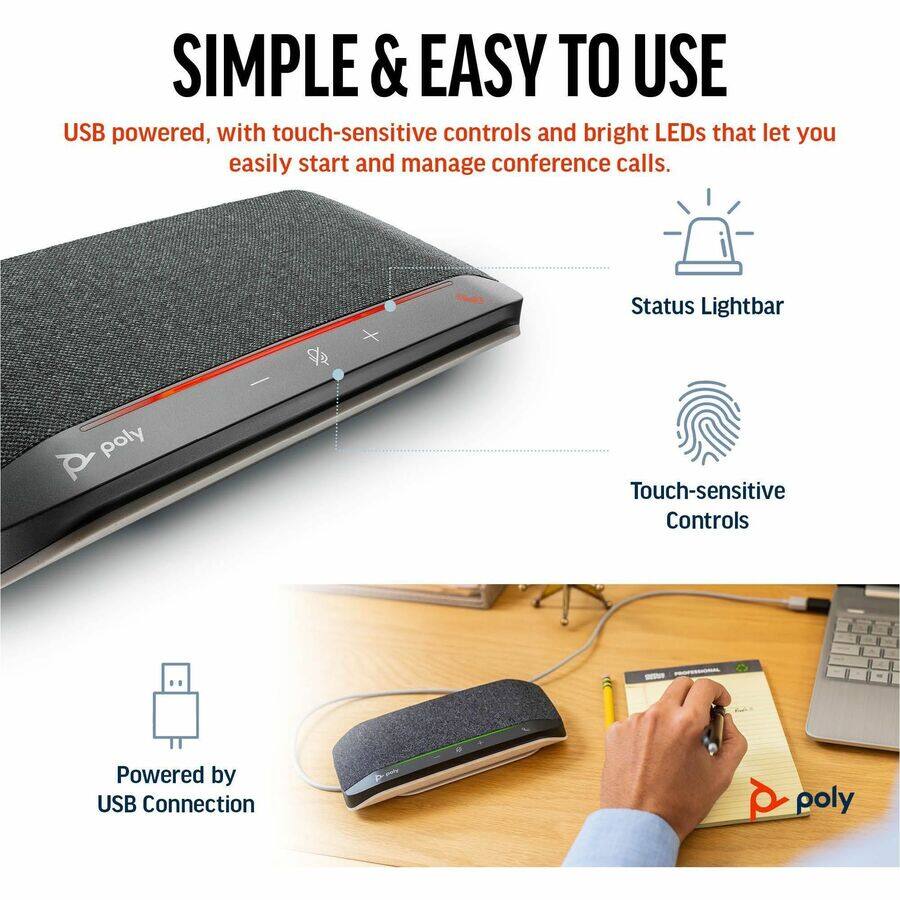 SIMPLE & EASY TO USE

USB powered, with touch-sensitive controls and bright LEDs that let you easily start and manage conference calls.

- Status Lightbar
- Touch-sensitive Controls
- Powered by USB Connection