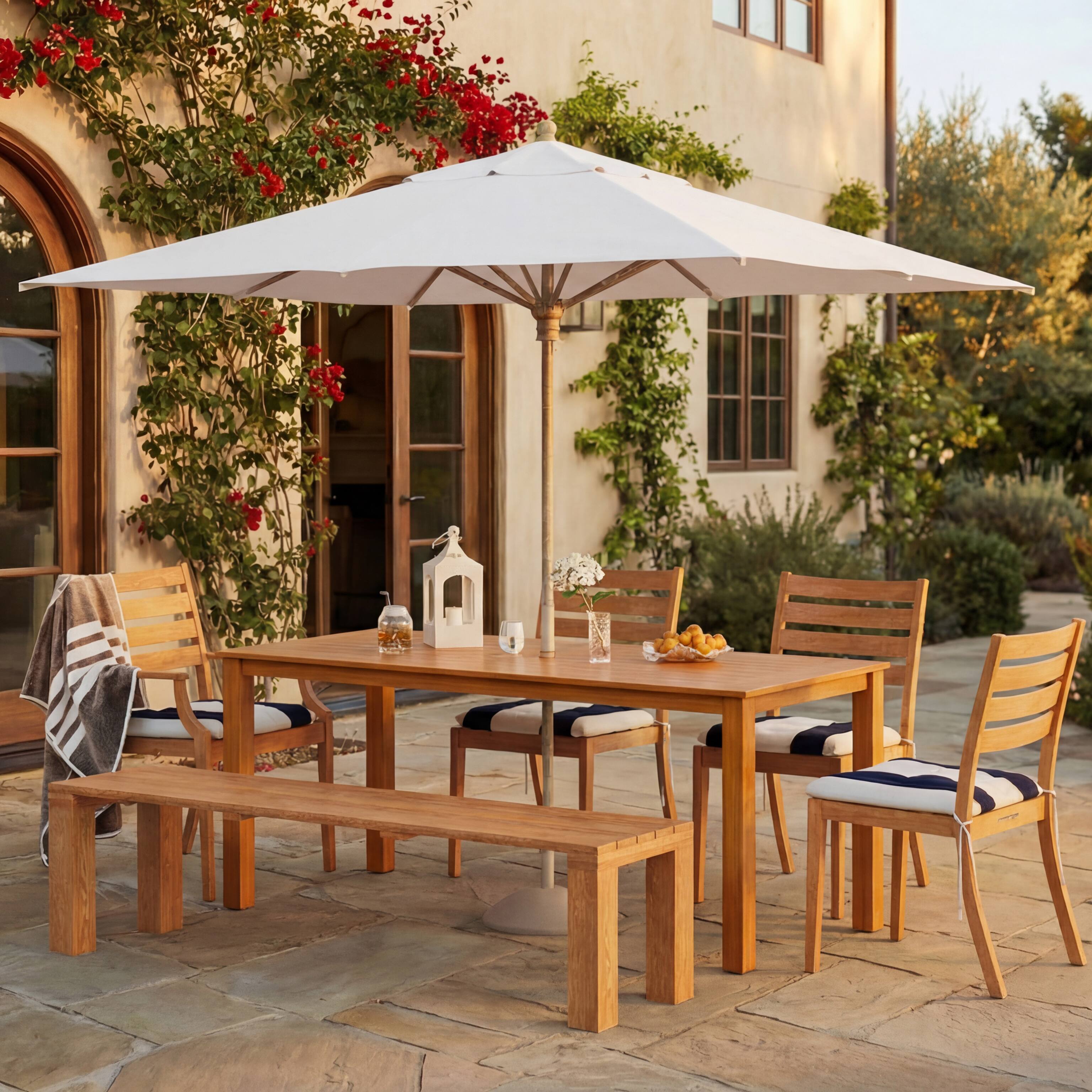 Left. Famapy - Teak-Style HDPS Outdoor Dining Table - Aluminum Frame with Umbrella Hole for 6-8 People, Weatherproof & Low Maintenance - Wooden.