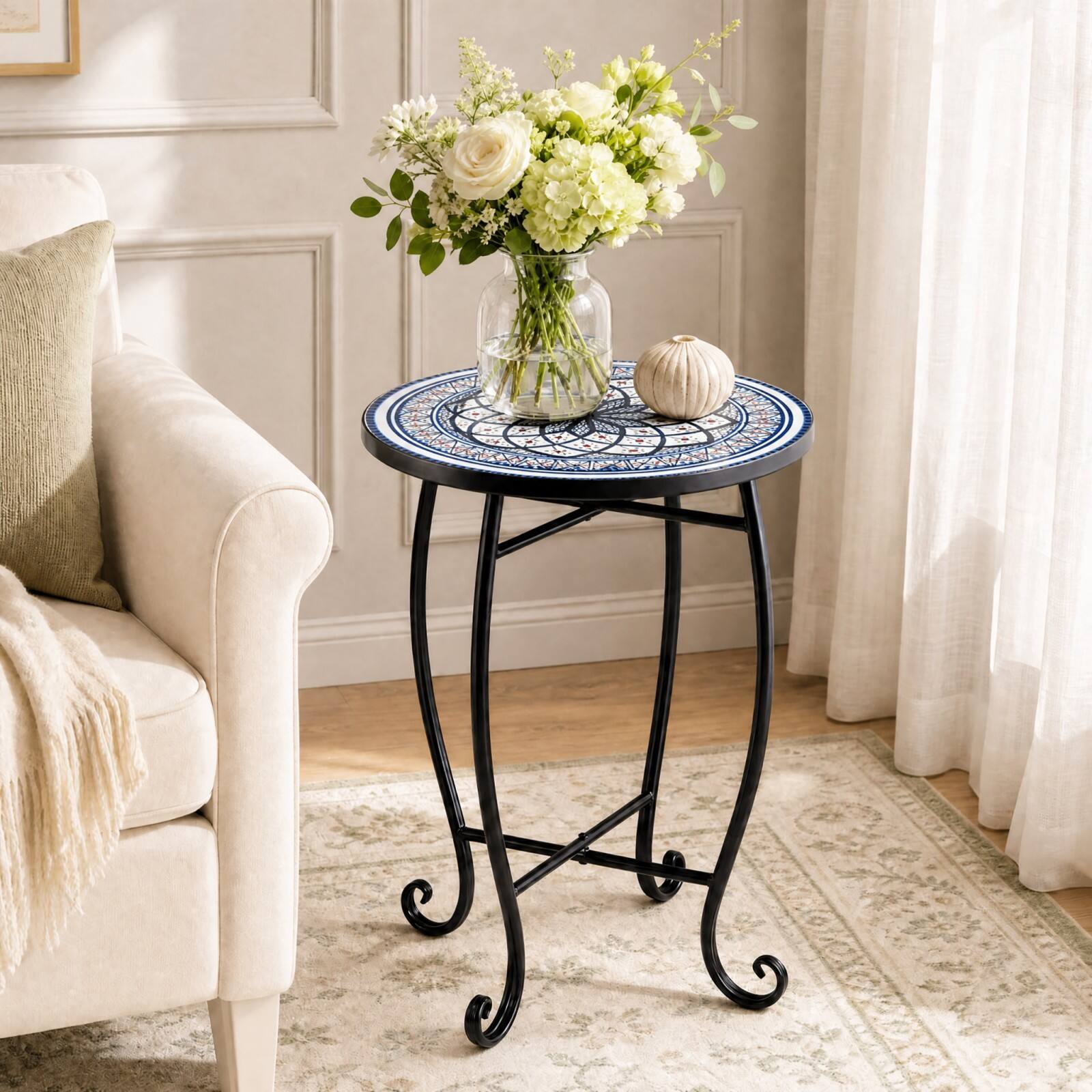 Alt View 5. Costway - Costway 14 Inch Mosaic Patio Side Table Metal Accent End Table Plant Stand for Porch Garden - White & Black.