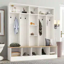 Loheer - Hall Tree with Storage Bench Minimalist Shoe Cabinet 67 Inch - White