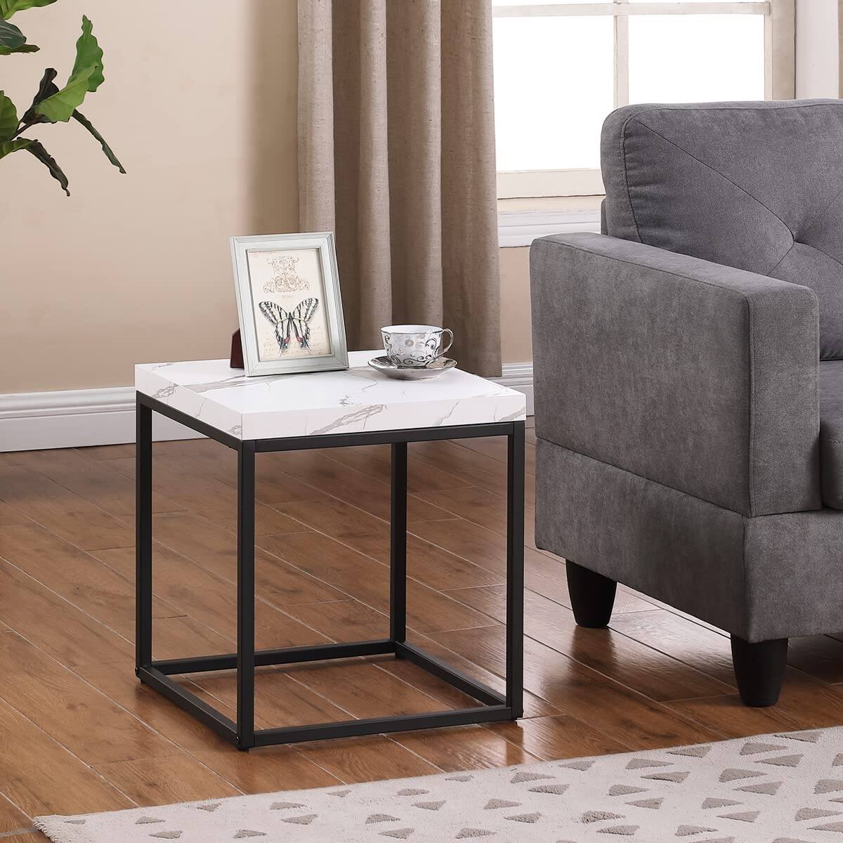 Alt View 2. Hanke - 18 inch Marble Accent End Table side Table For Living Room Modern Industrial Square Metal And Wood   Marble - Light Oak.