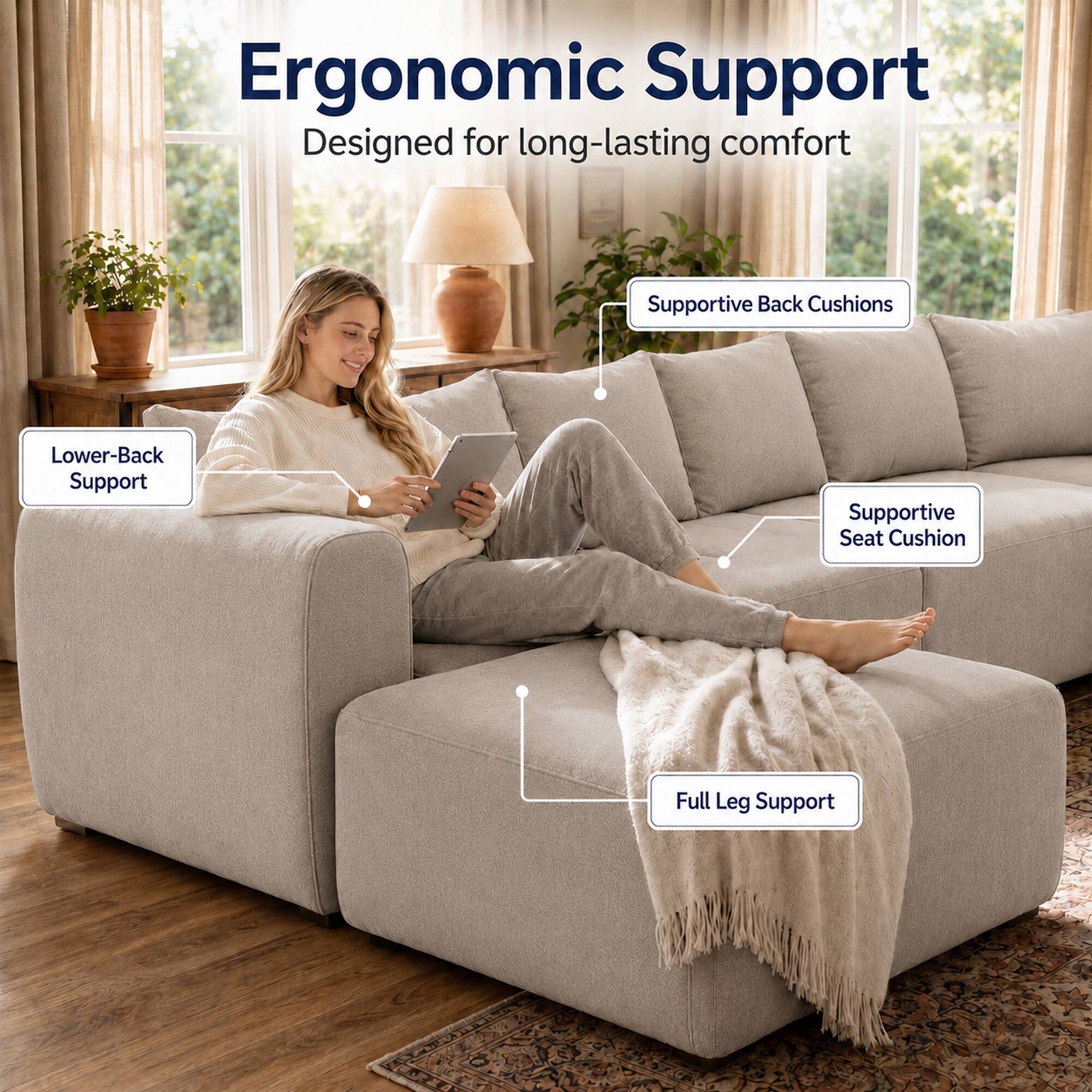 Ergonomic Support  
Designed for long-lasting comfort  
Supportive Back Cushions  
Lower-Back Support  
Supportive Seat Cushion  
Full Leg Support