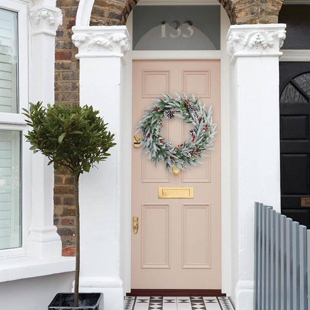 Alt View 1. MOVSSOU - 28" Artificial Christmas Wreath - Frosted Spruce with Pine Cones & Berries, Holiday Decor for Door & Wall - Green.