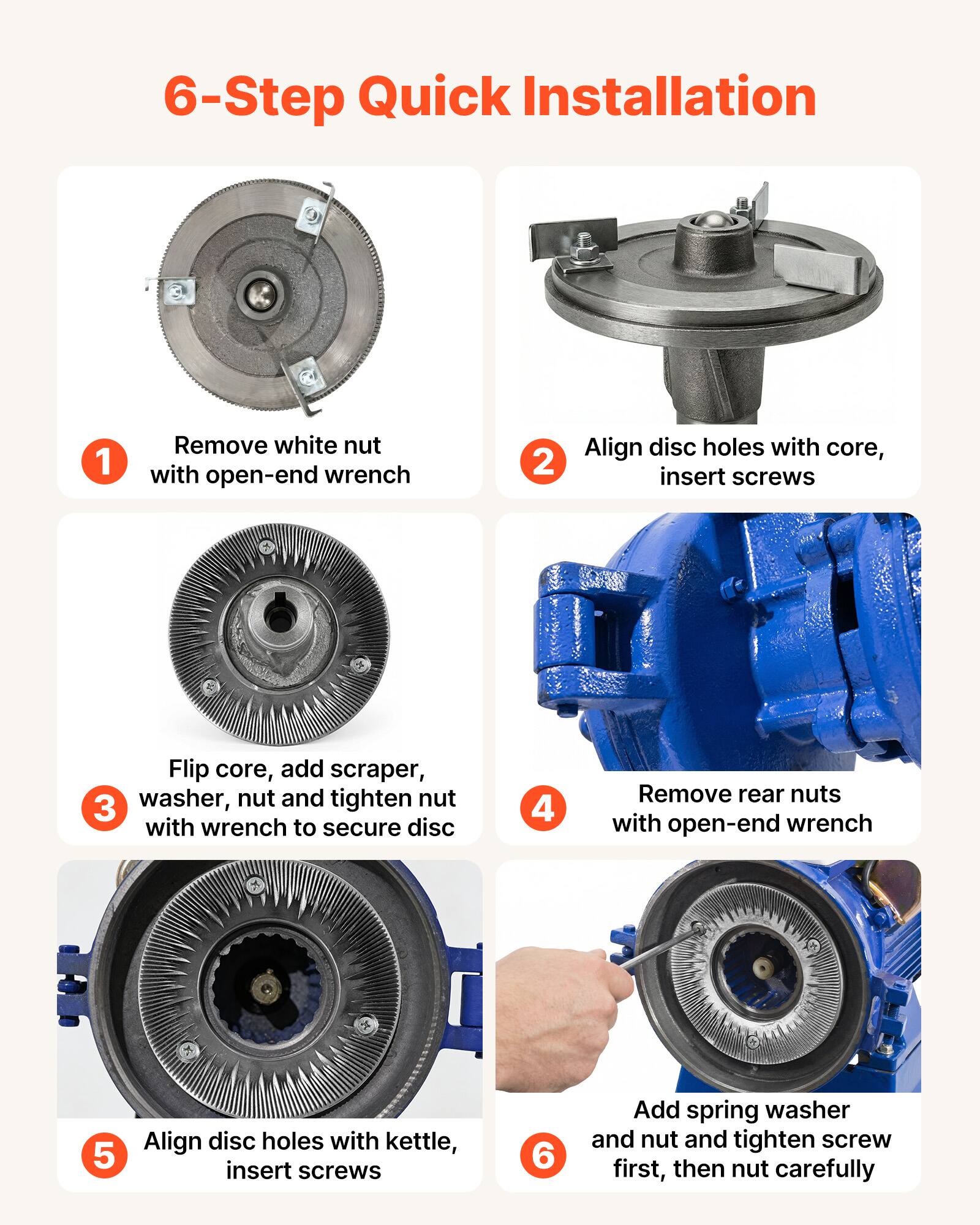 6-Step Quick Installation

1. Remove white nut with open-end wrench
2. Align disc holes with core, insert screws
3. Flip core, add scraper, washer, nut and tighten nut with wrench to secure disc
4. Remove rear nuts with open-end wrench
5. Align disc holes with kettle, insert screws
6. Add spring washer and nut and tighten screw first, then nut carefully
